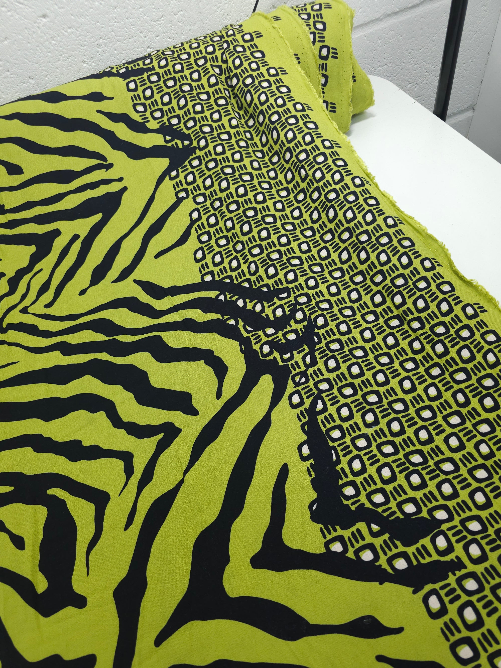 Lime Zebra Doodle Satin Backed Viscose Crepe
