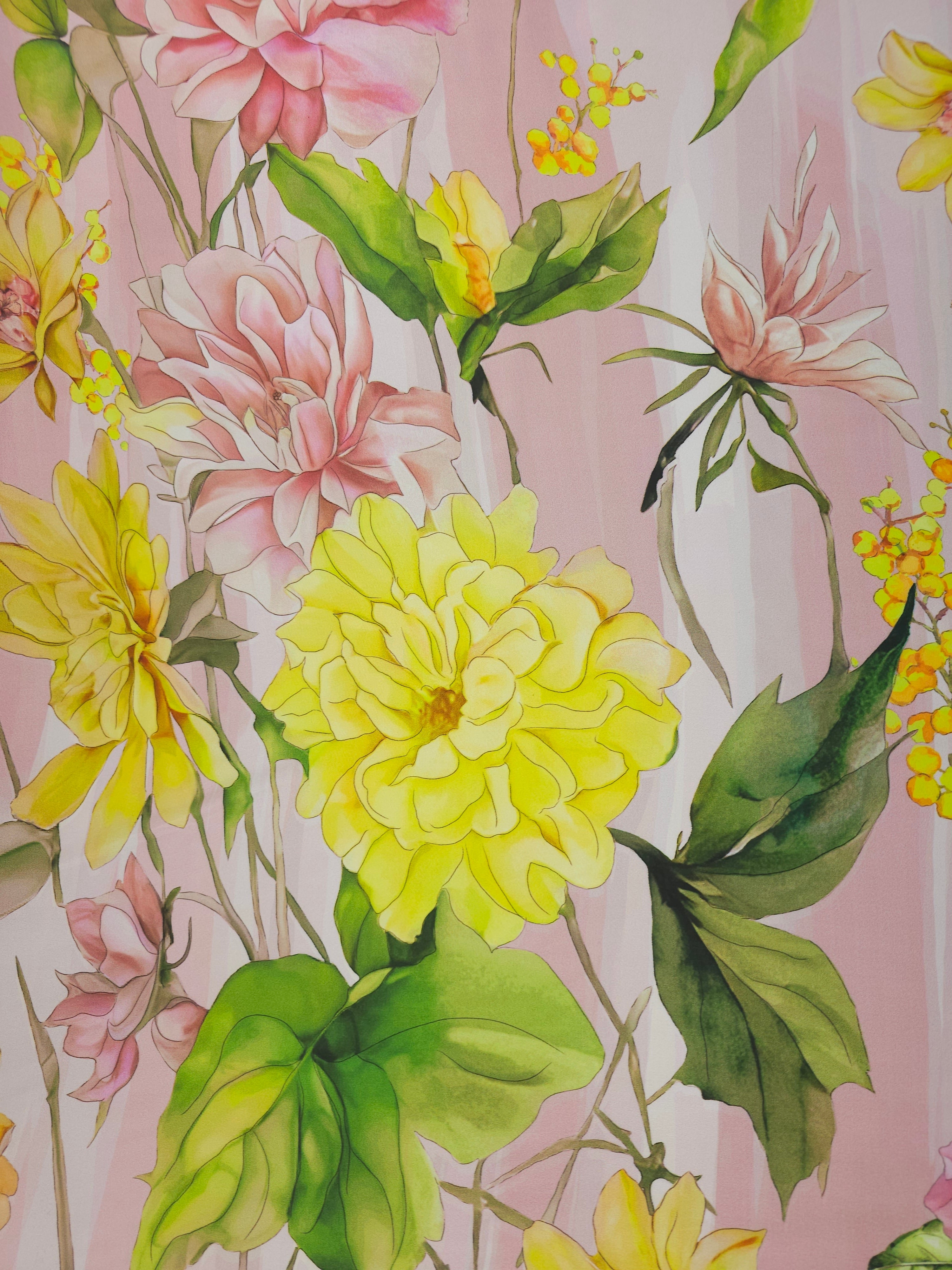Pink/Yellow Large Flower Twines Viscose Satin