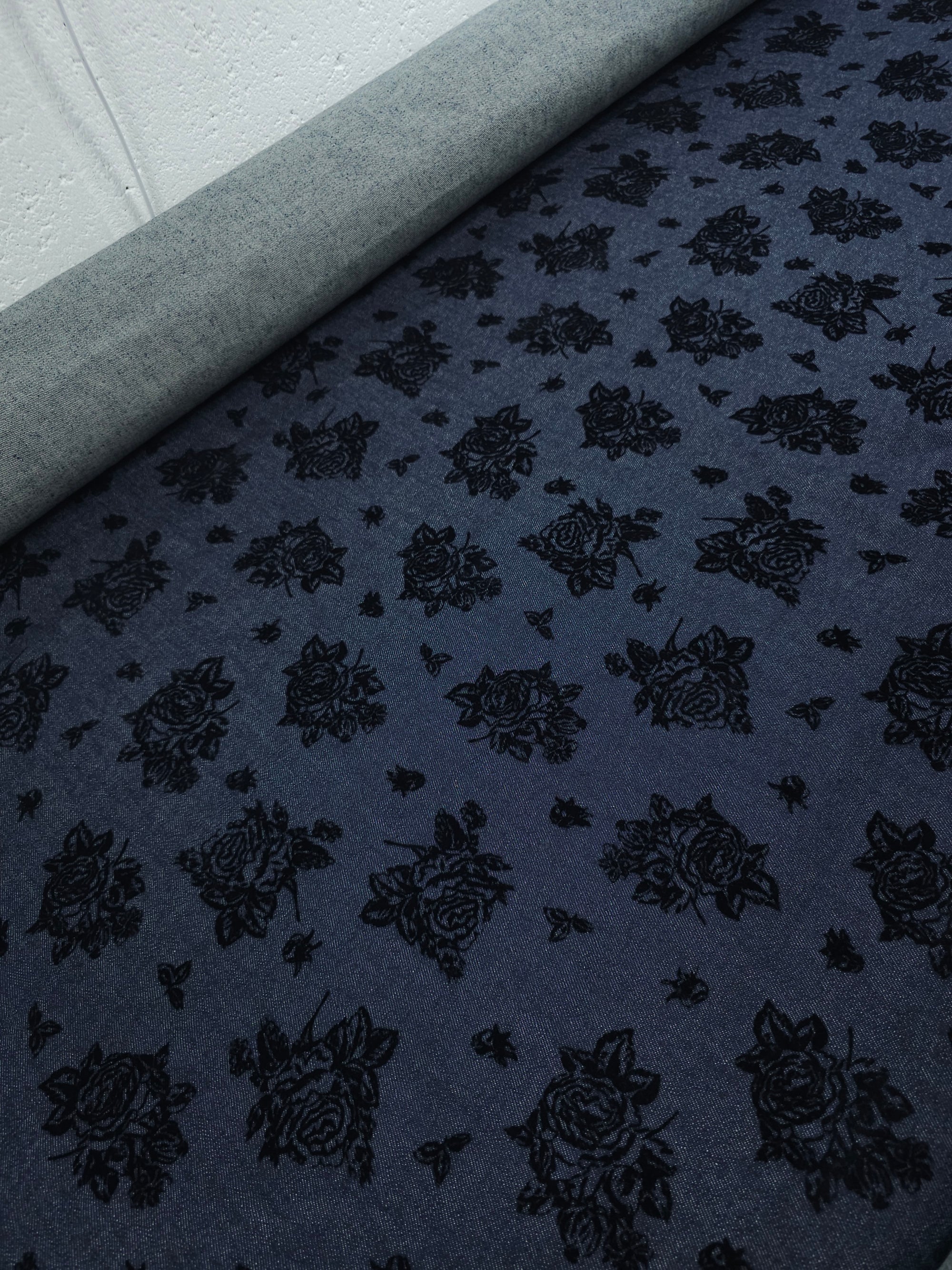 Washed Navy Rose Velvet Burnout Denim