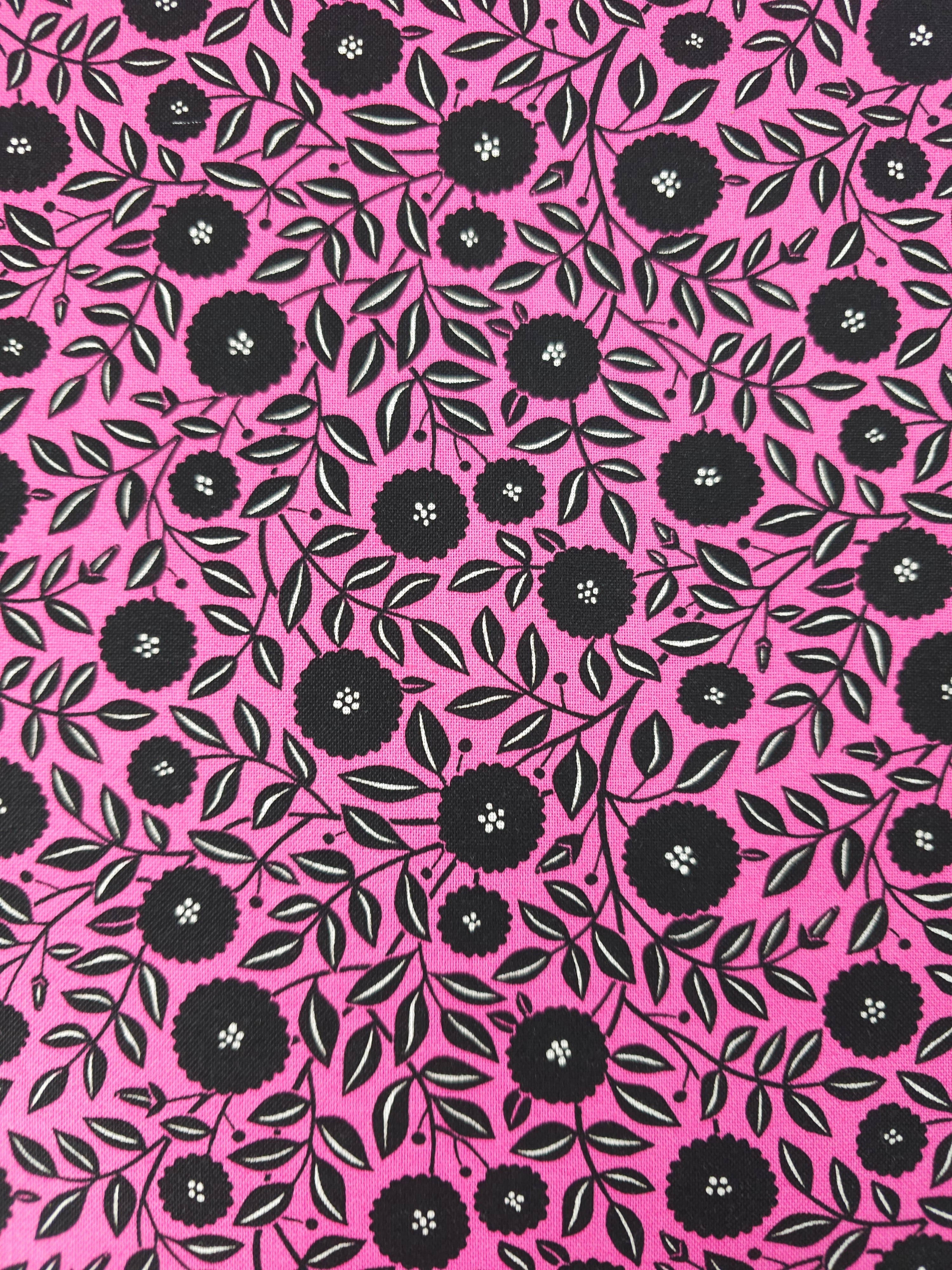 Fuchsia Pink/Black Puff Floral 100% Cotton