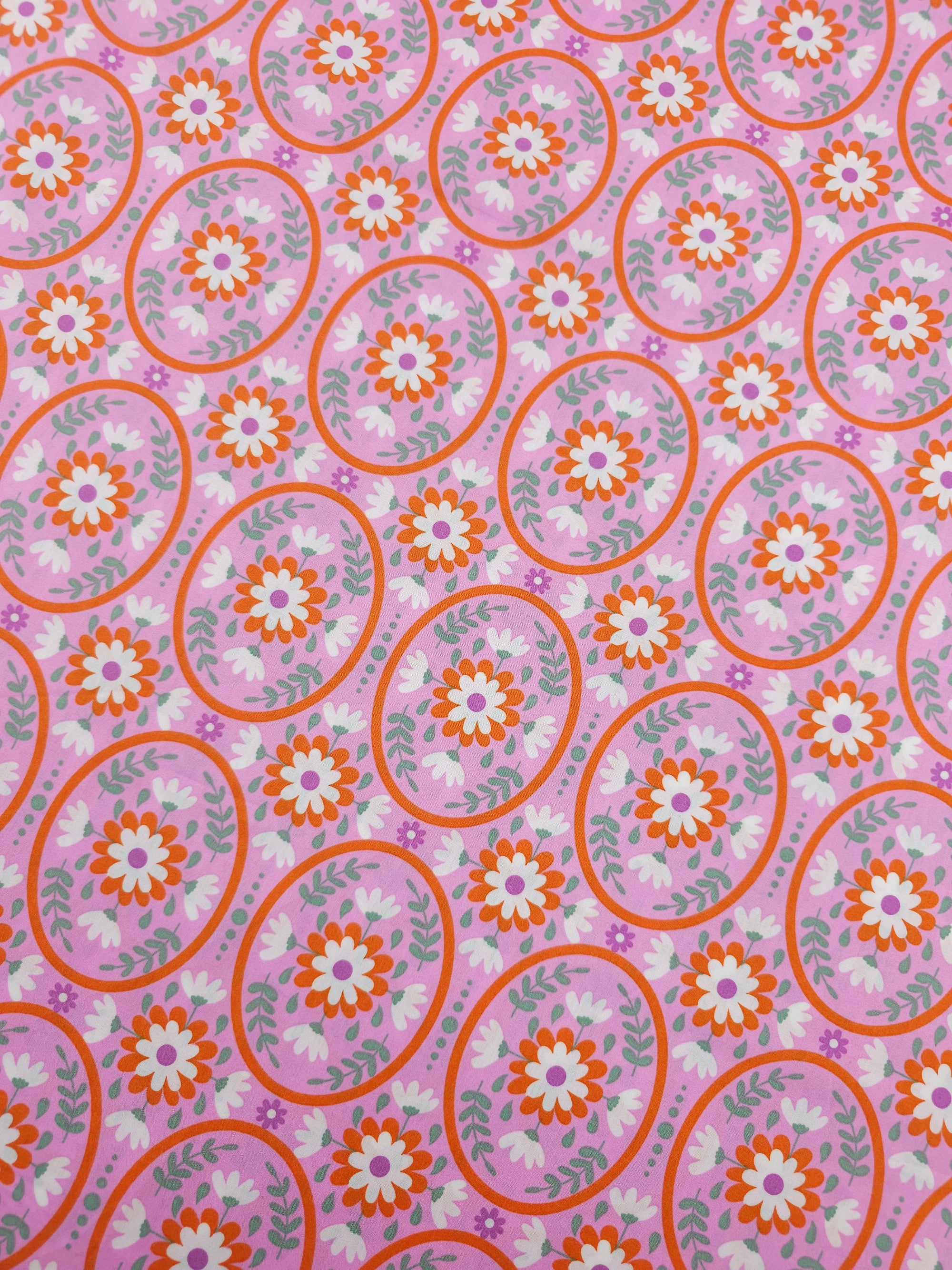 Pink/Orange Puff Floral Oval Lightweight Cotton 57"