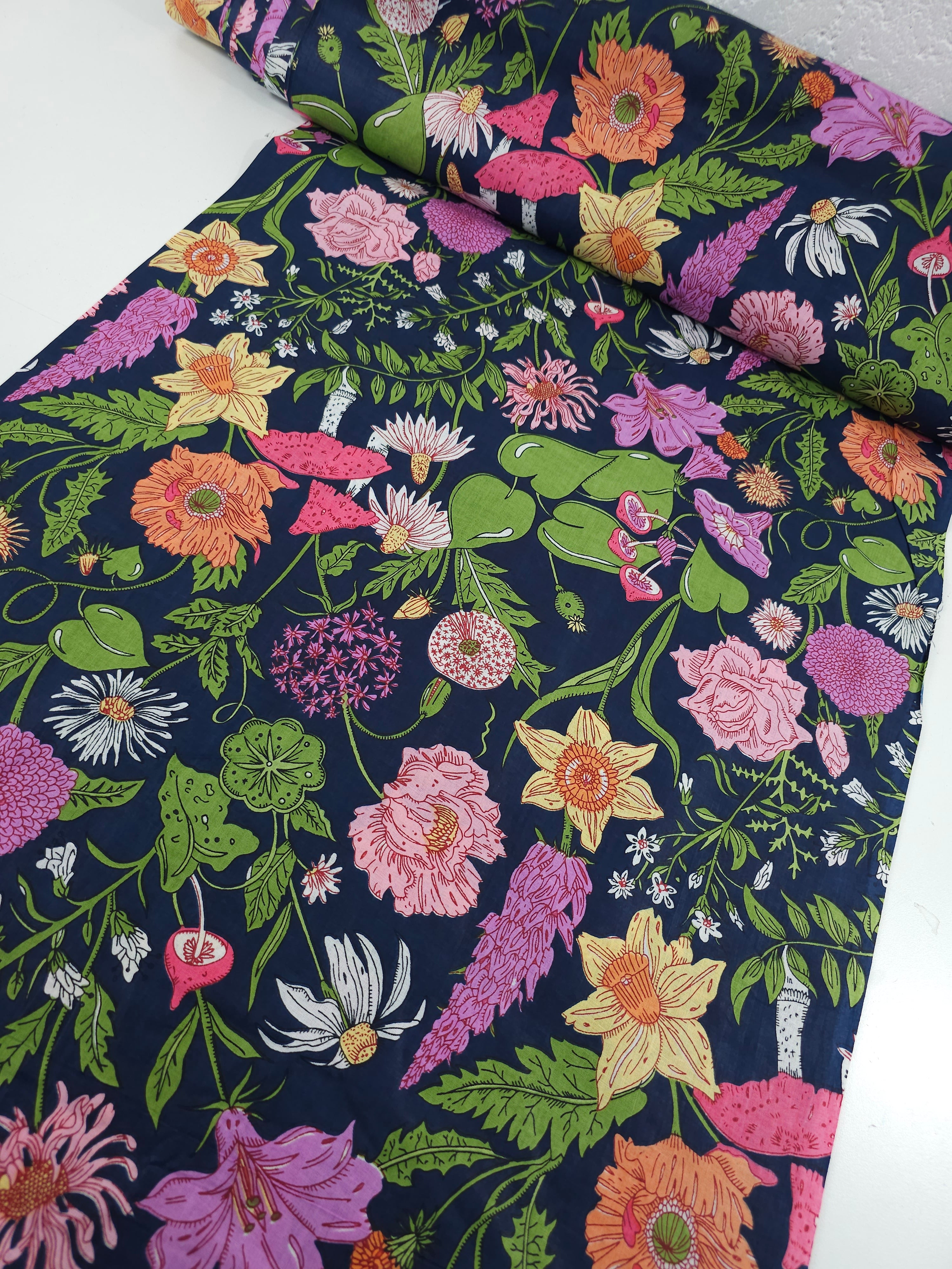 Navy Floral Shroom Field Cambric Cotton