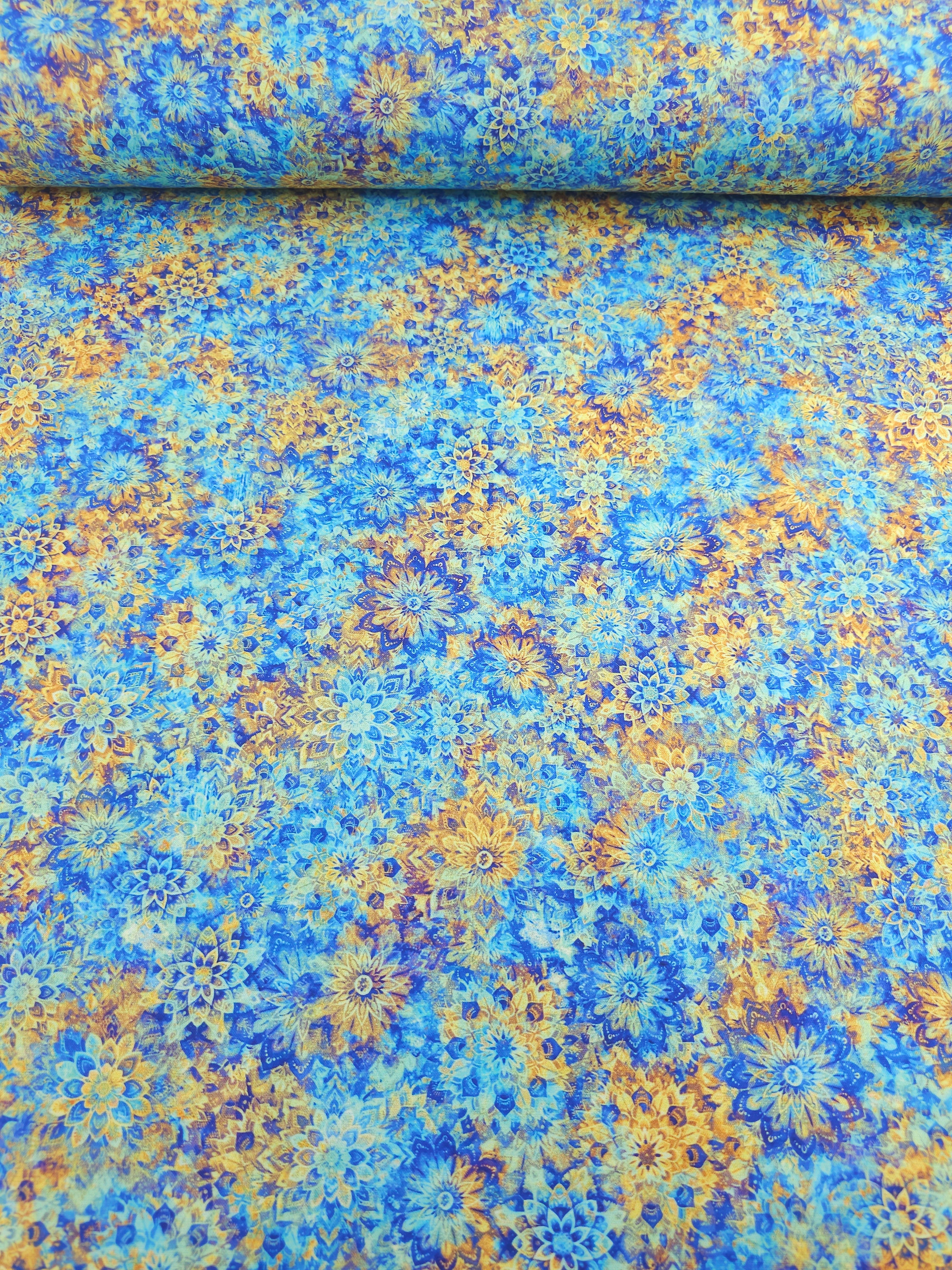 Marigold/Blue Dancing Dahlias Kaleidoscope 100% Cotton