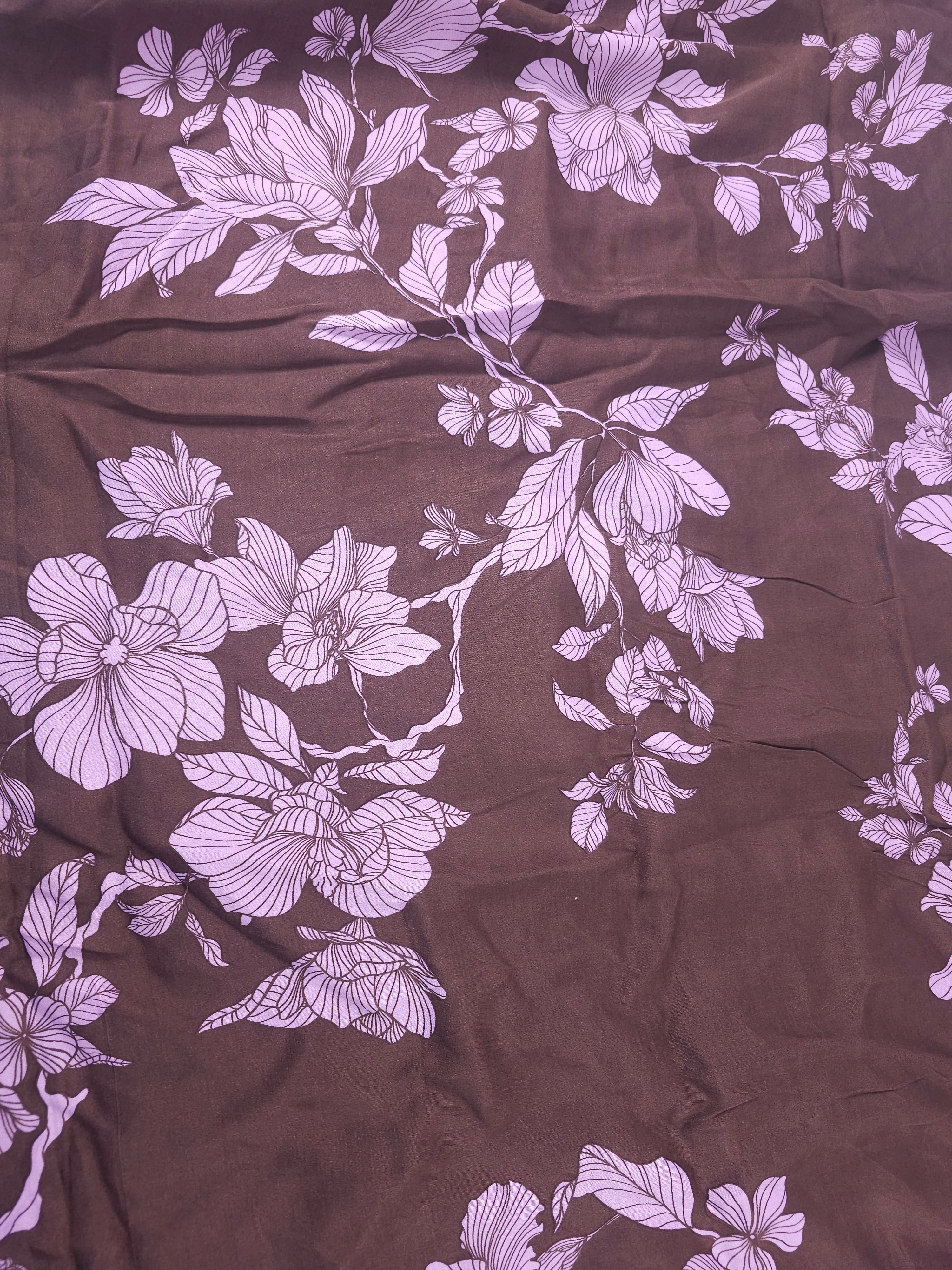 Brown pink flower Viscose satin- 2.3m piece