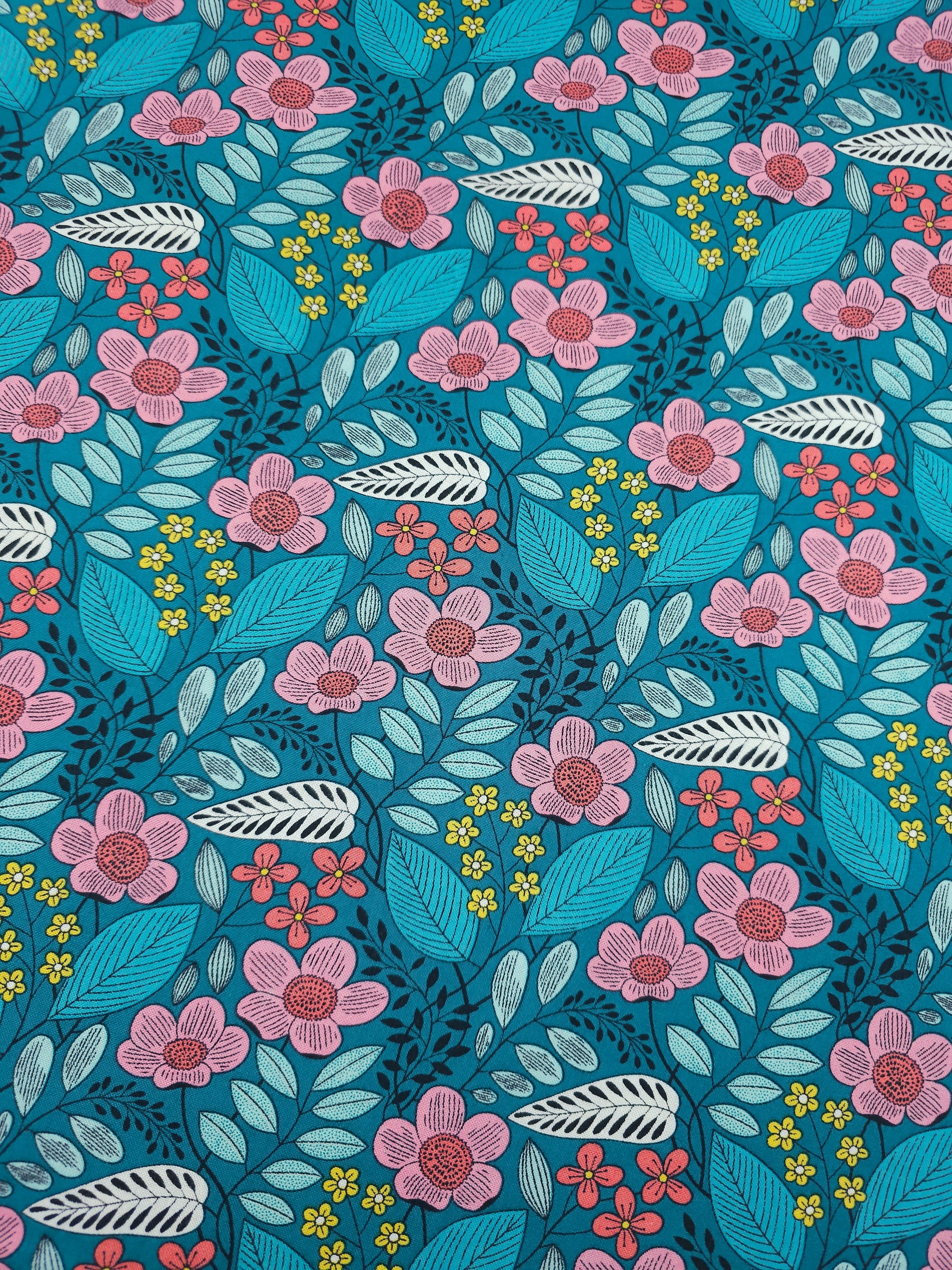 Teal Flouresence Floral 100% Cotton - Benartex