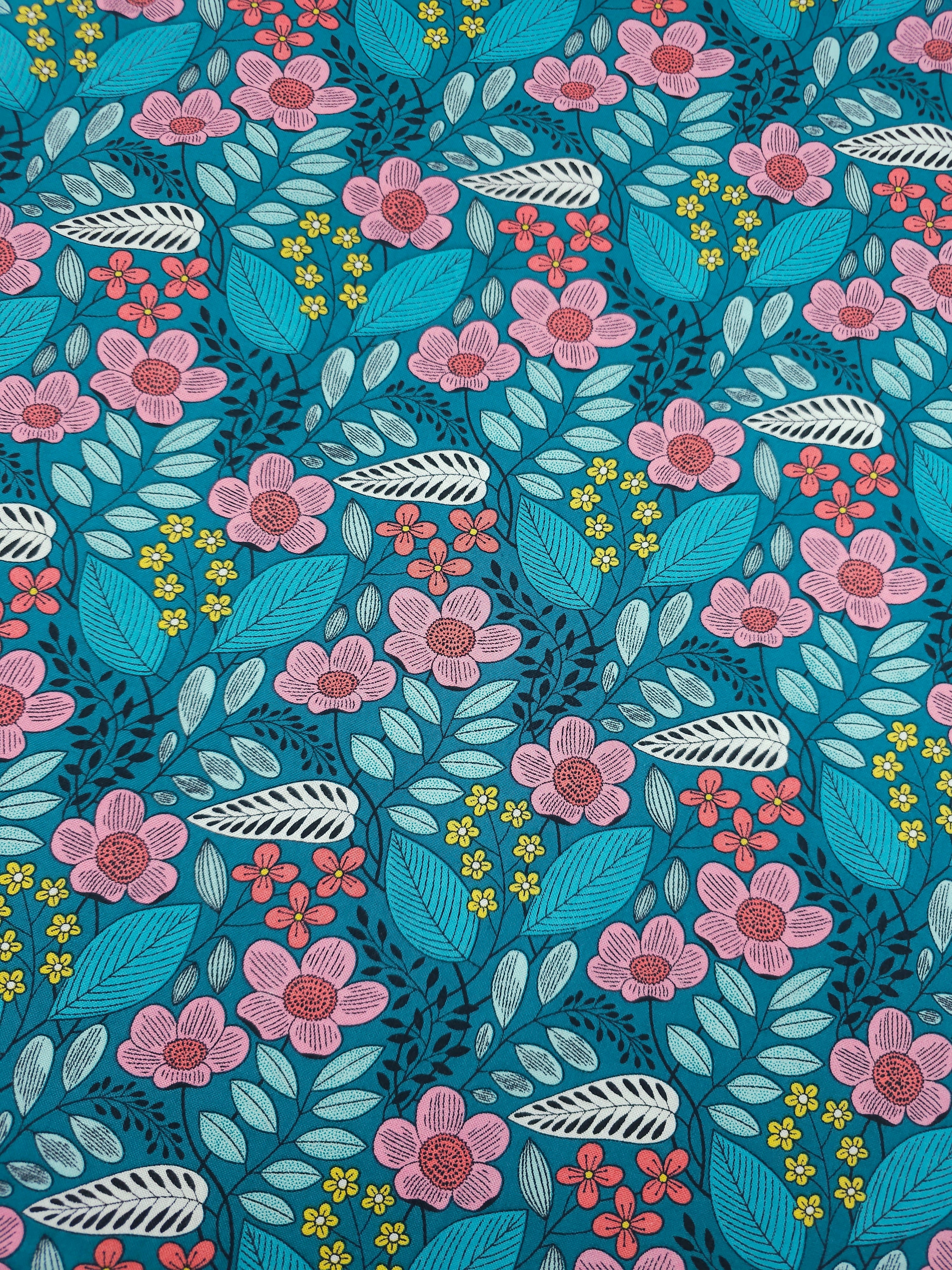 Teal Flouresence Floral 100% Cotton - Benartex