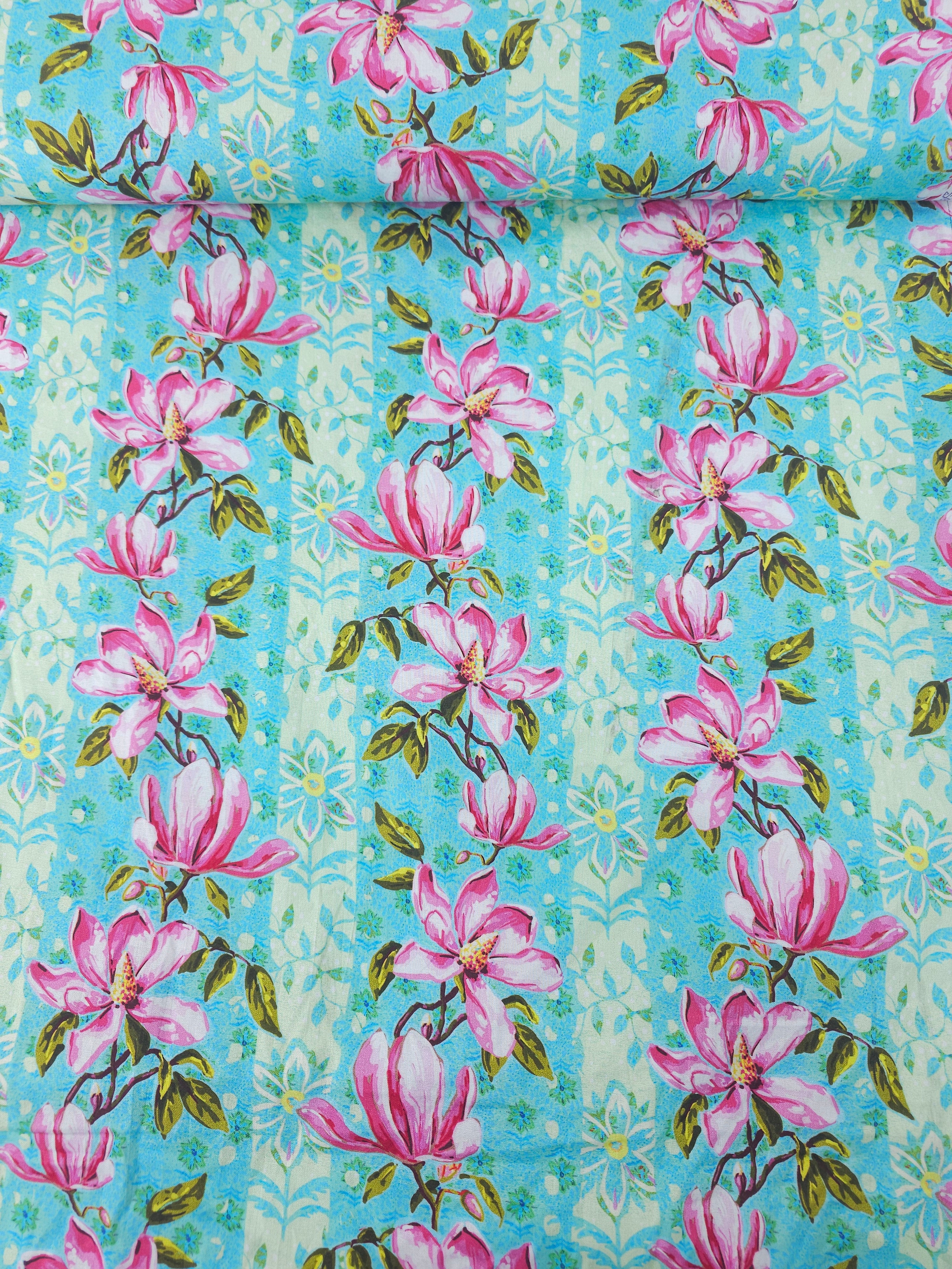 Turquoise Wild Magnolias Stripe 100% Cotton - Odile Bailloeul