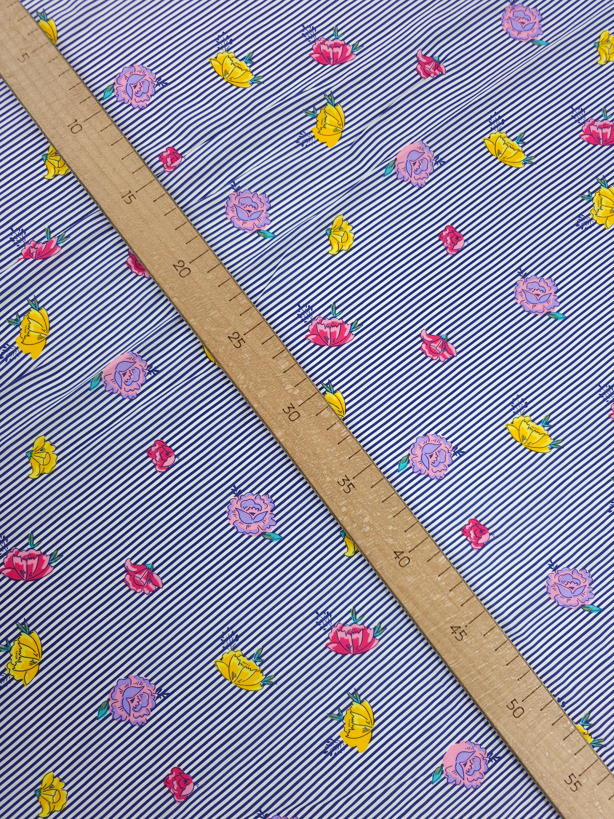 Navy Pinstripe Tossed Floral Viscose Challis