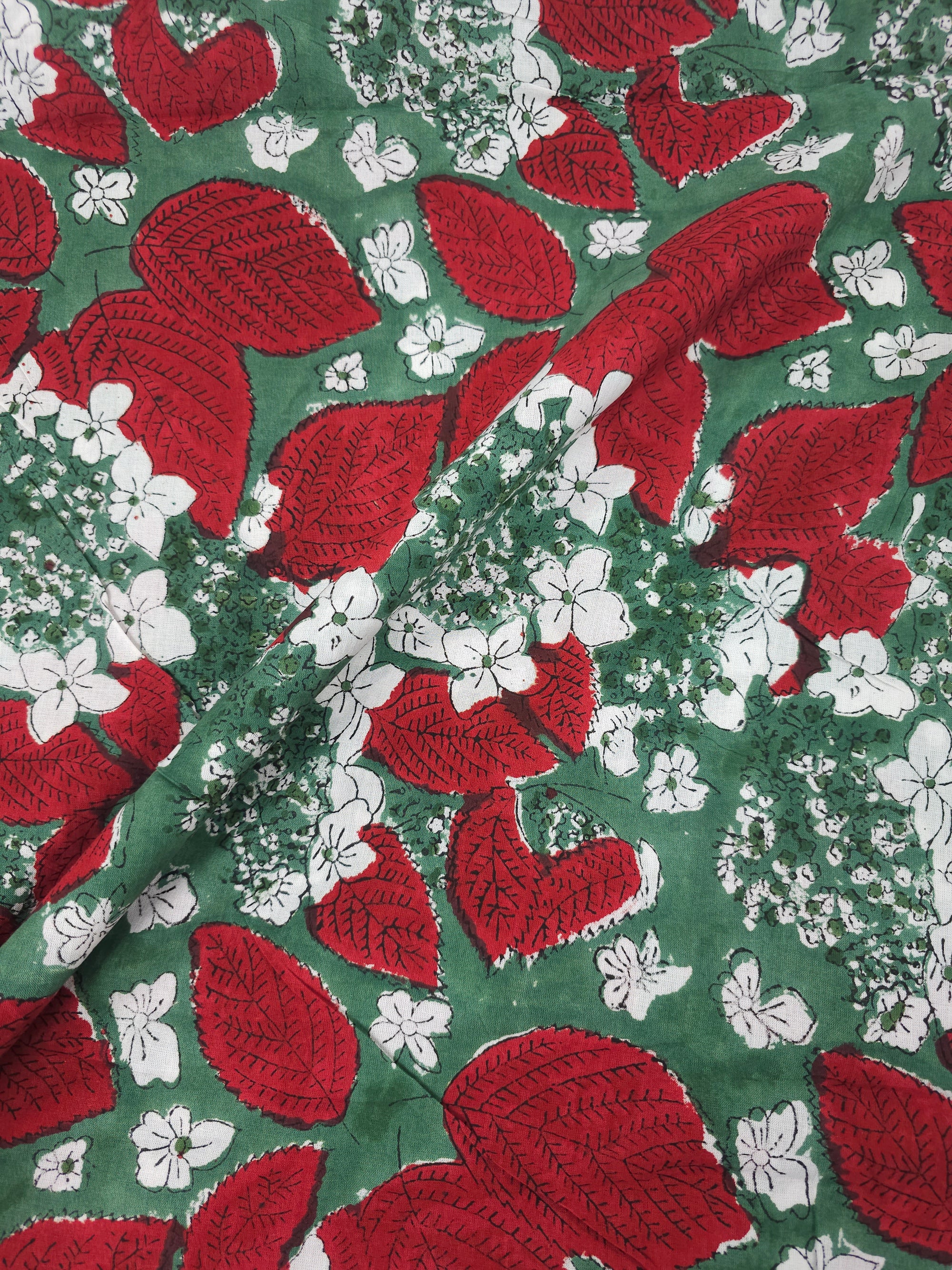 Green/Garnet Red Blossom Leaf Block Print Cotton
