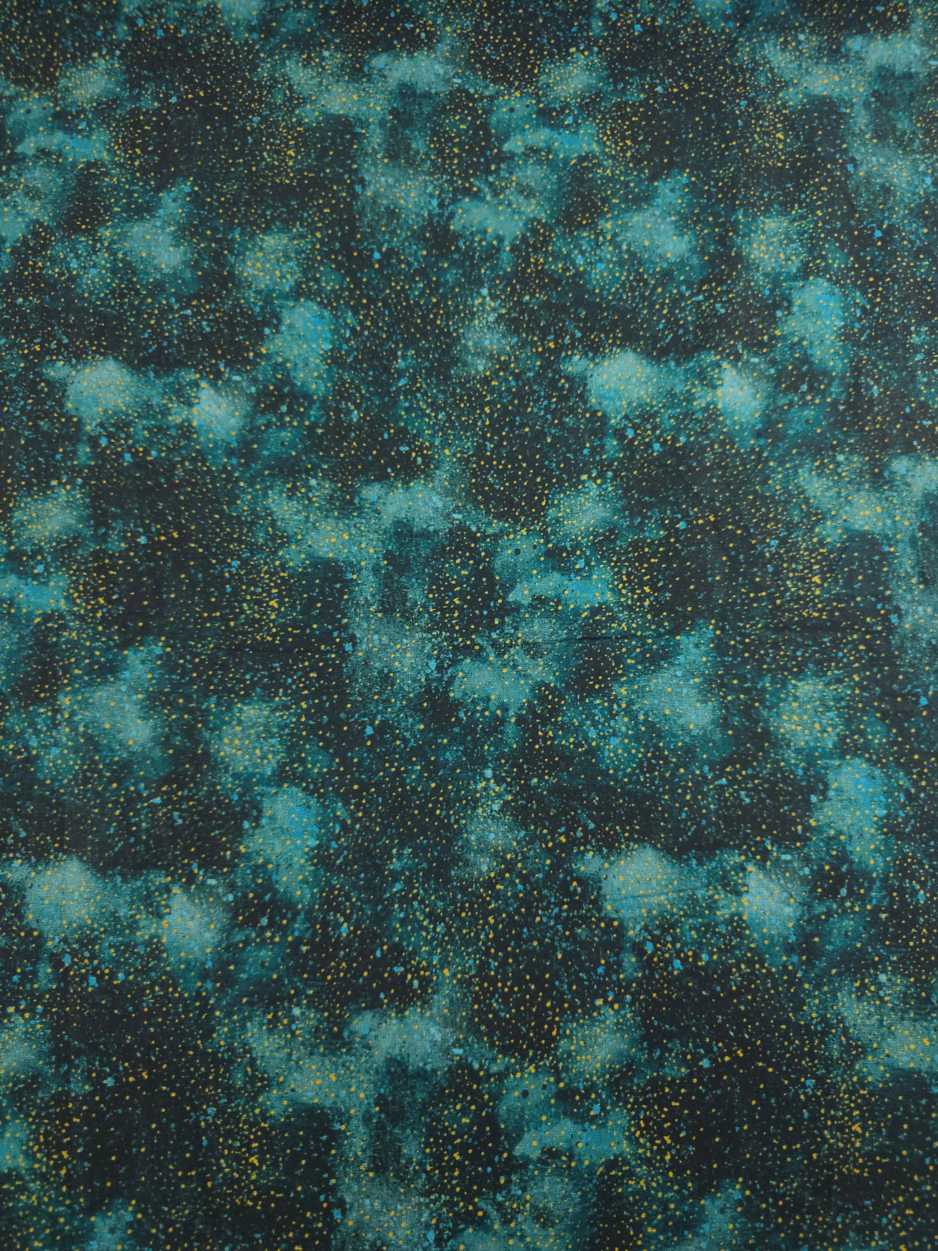 Teal/Gold Speckle Clouds 100% Cotton