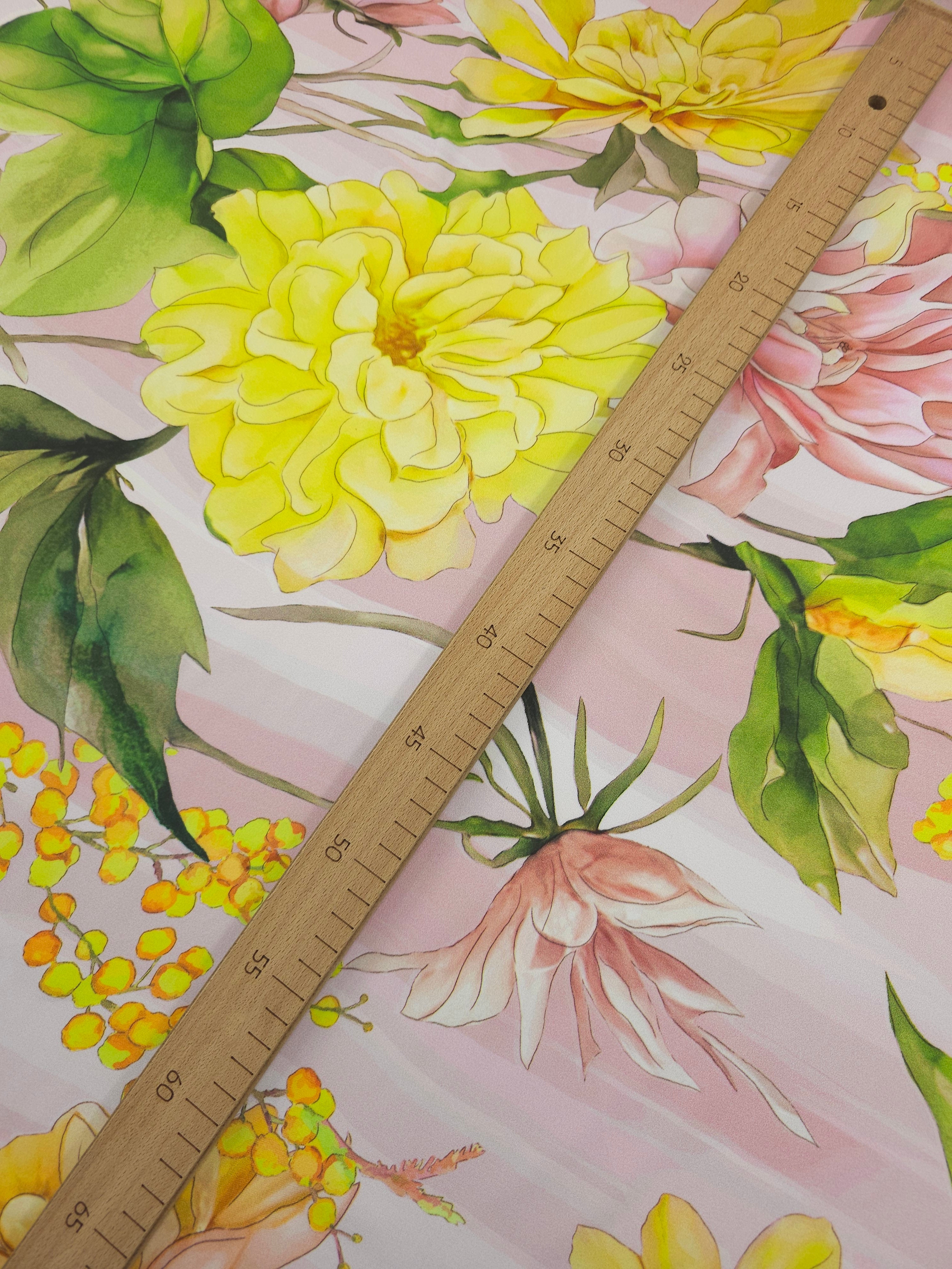 Pink/Yellow Large Flower Twines Viscose Satin