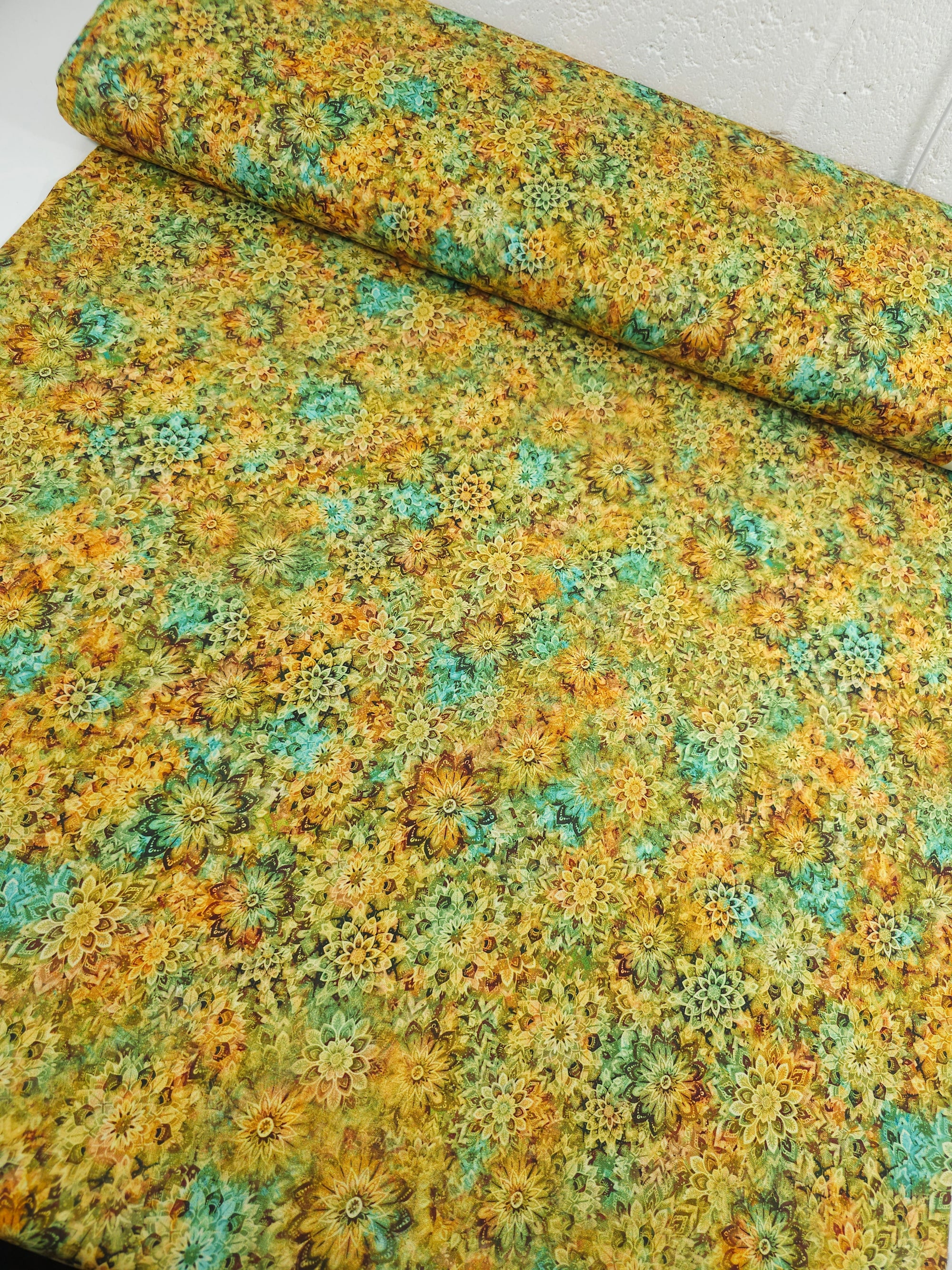 Marigold/Turquoise Dancing Dahlias Kaleidoscope 100% Cotton 108" *EXTRA WIDE*