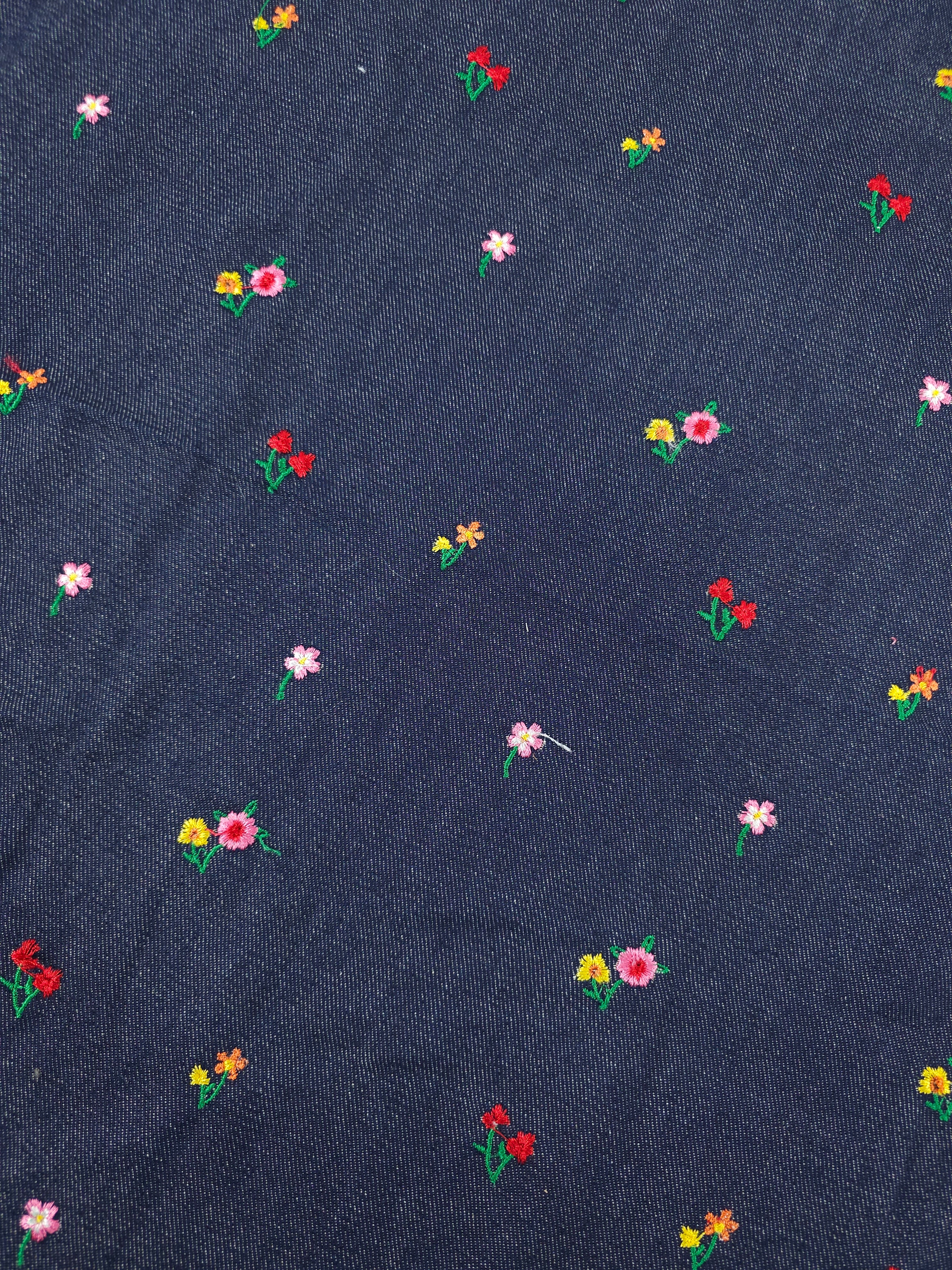 Navy Embroidered Flower Denim