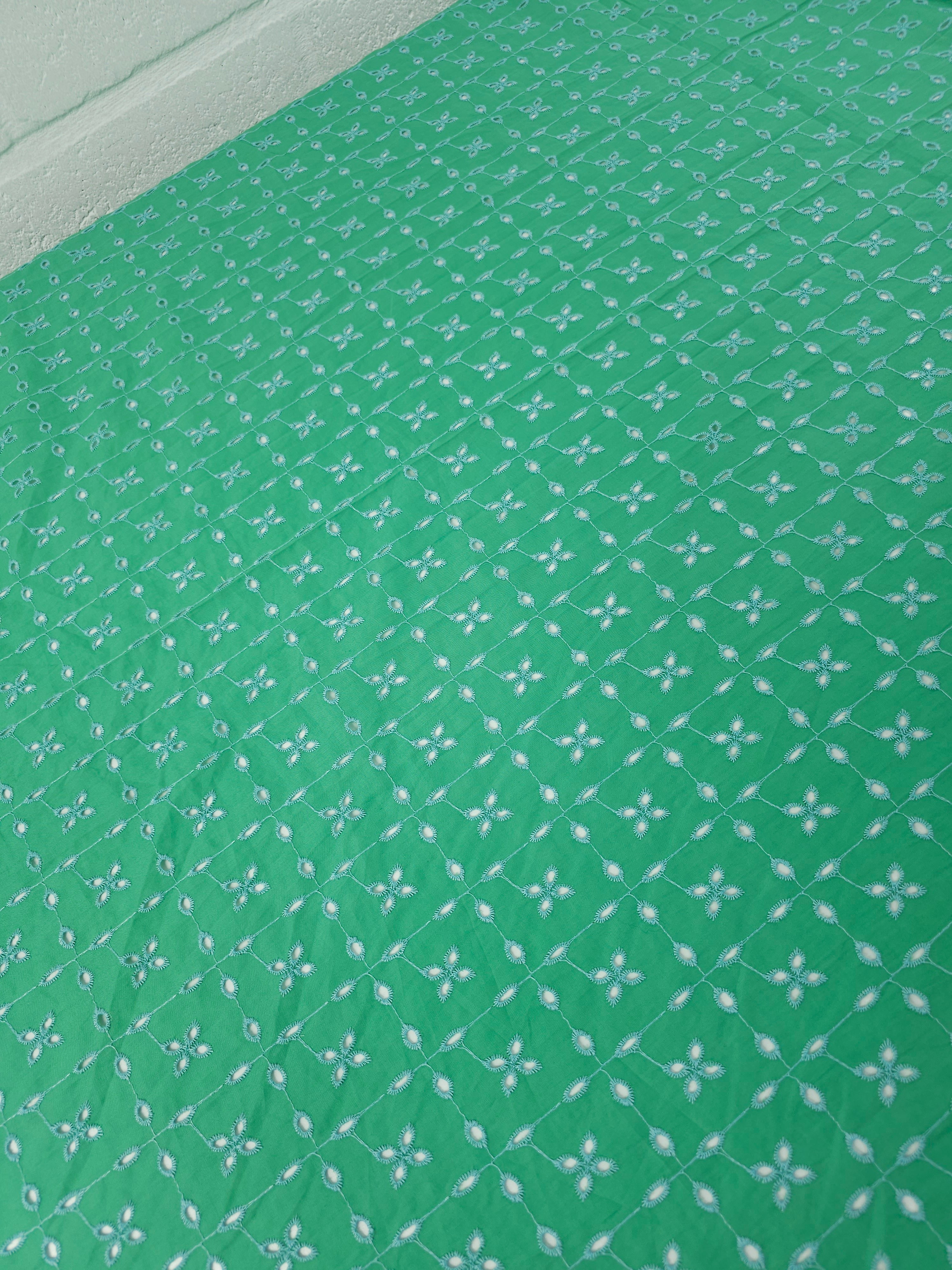 Green/Blue Petal Square Grid Cambric Cotton Broderie Anglaise