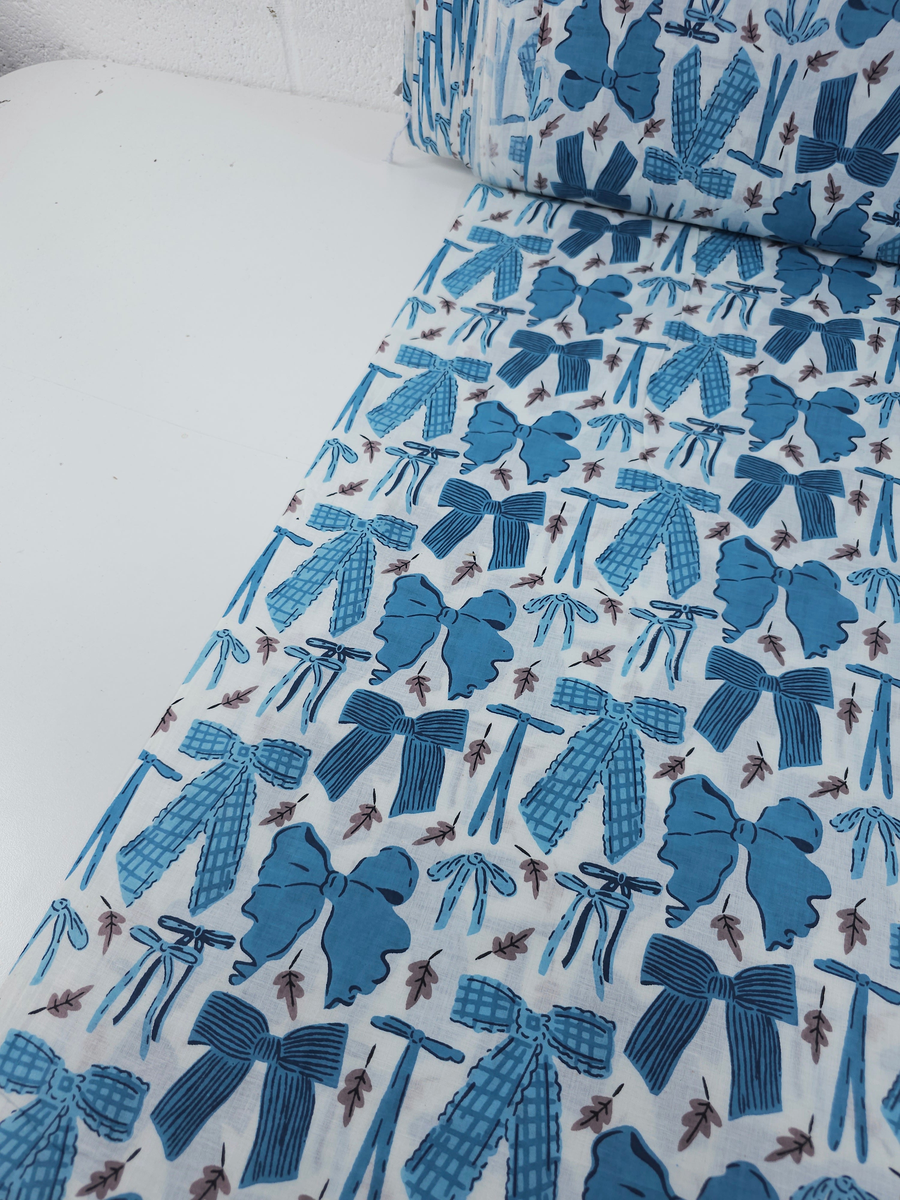 Blue Bow Leaf Cambric Cotton