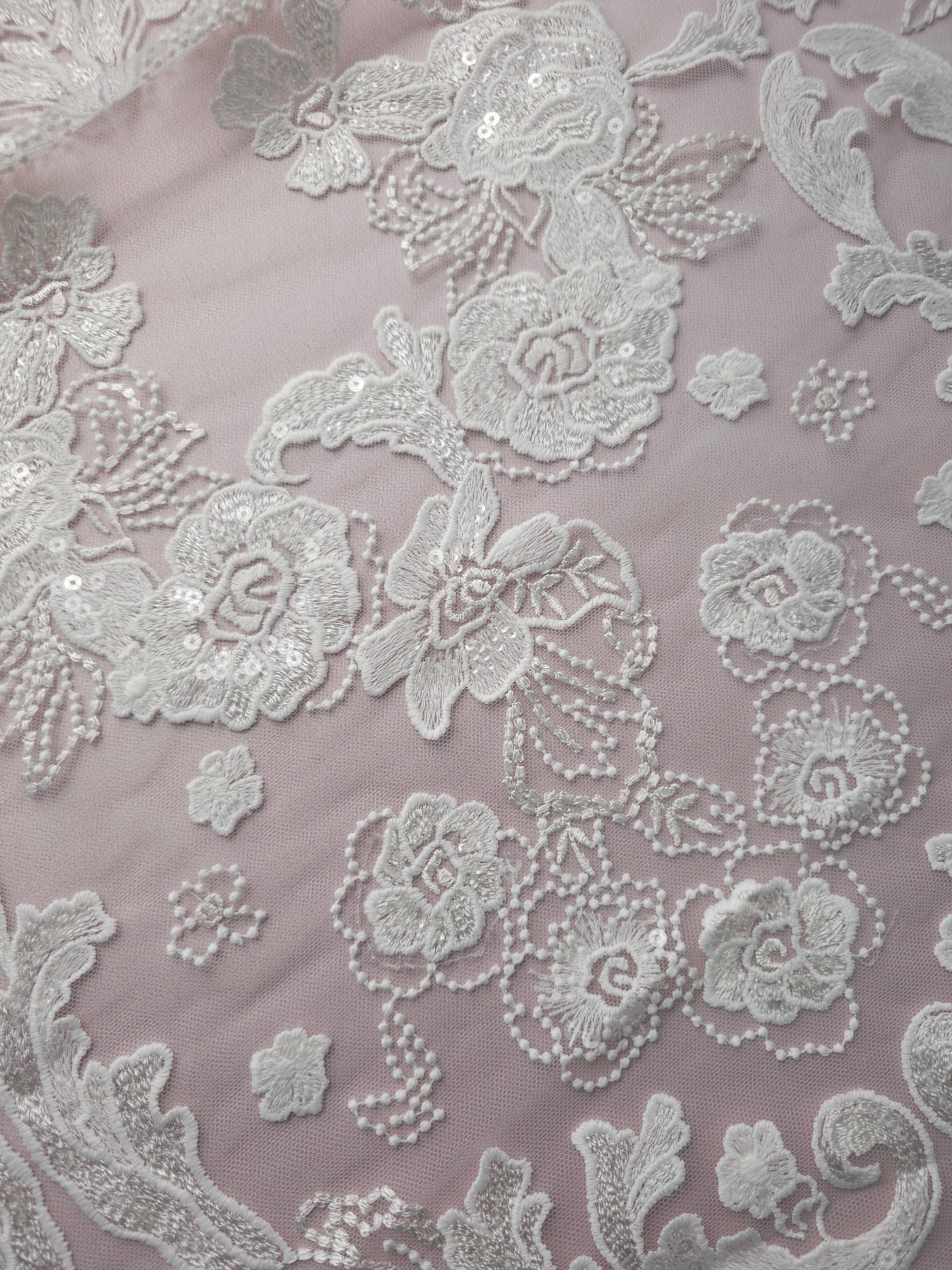 *Laura* White Embroidered Sequin Floral Lace