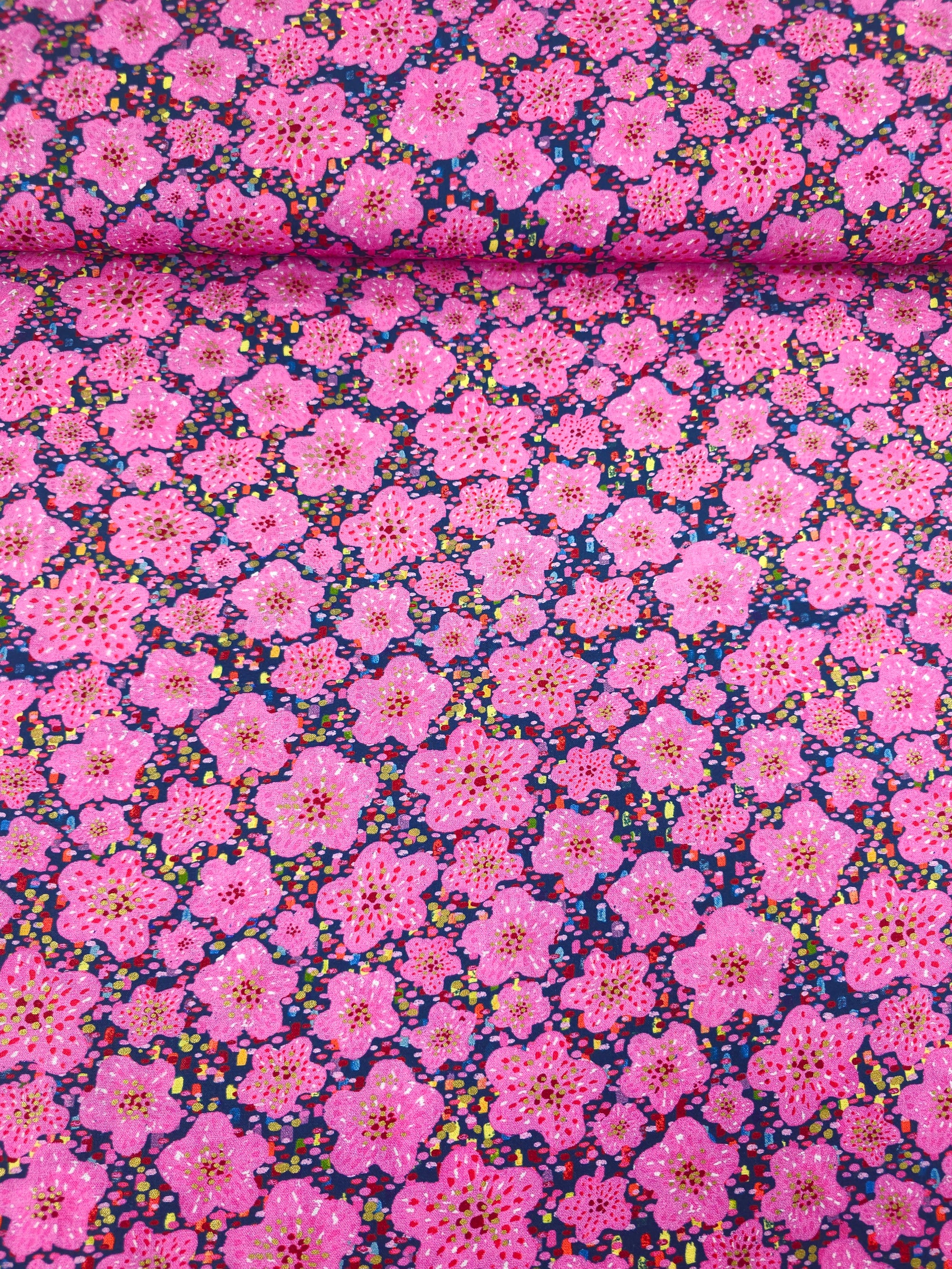 Pink/Gold Abstract Speckle Floral 100% Cotton