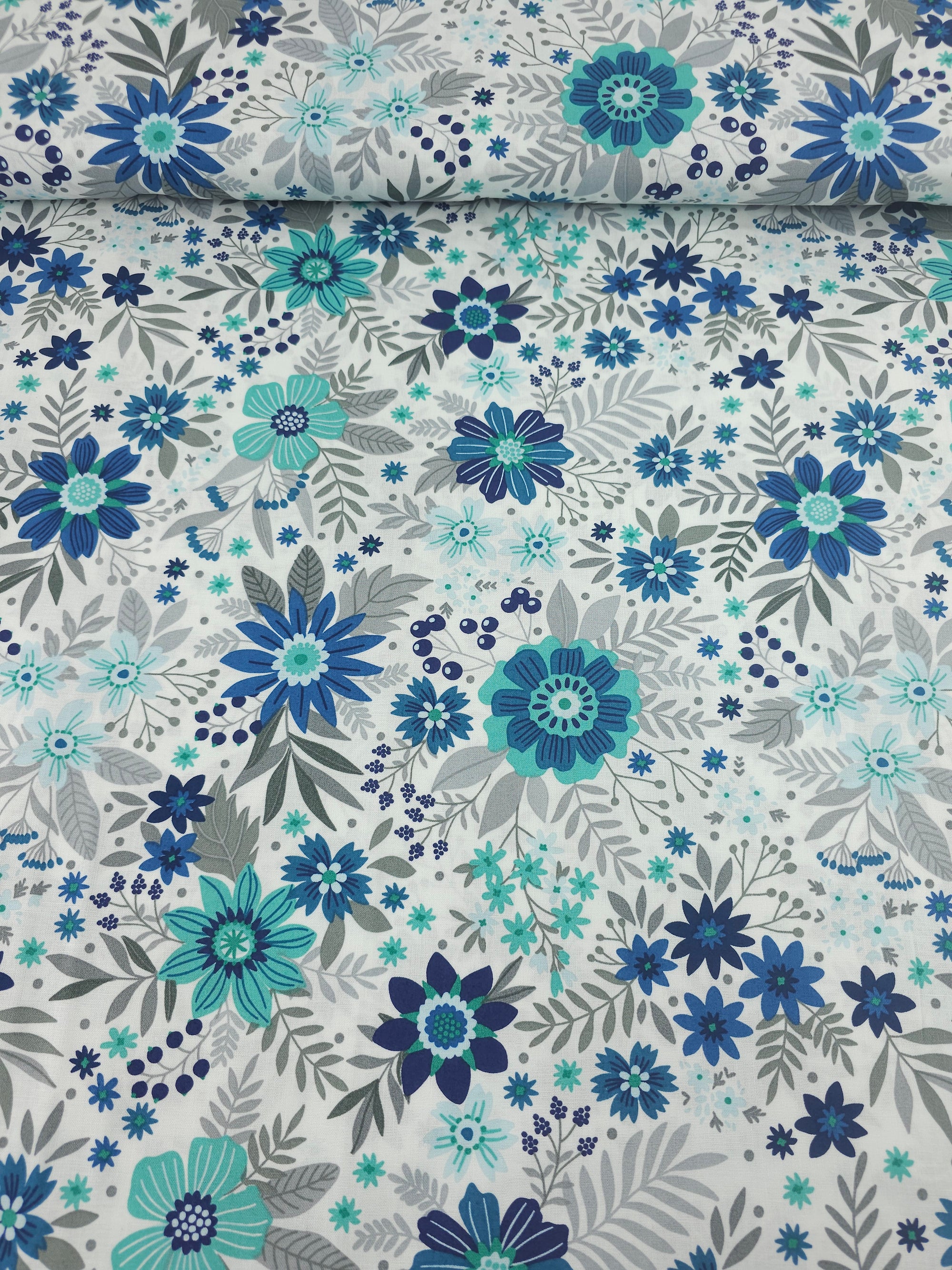 Teal/Grey Cottage Garden Floral 100% Cotton - Benartex