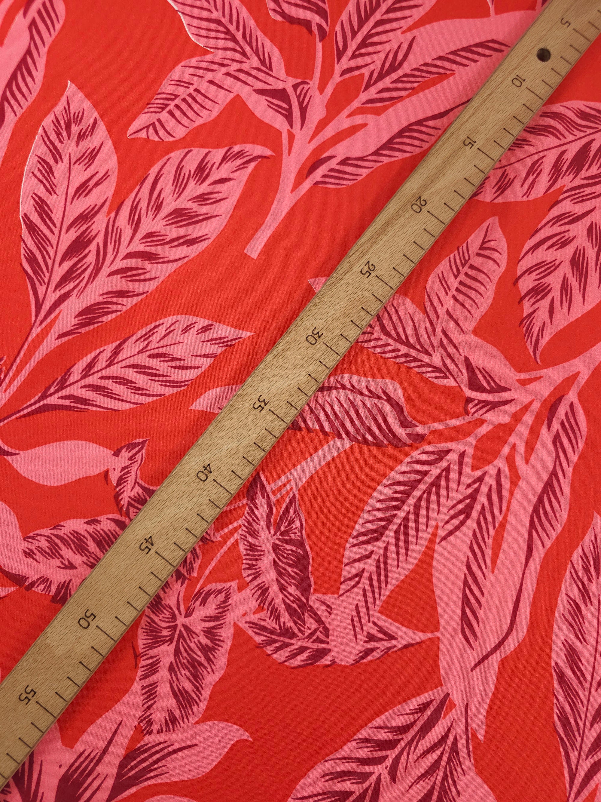 Pinky Mauve/Red Large Leaf Viscose Challis