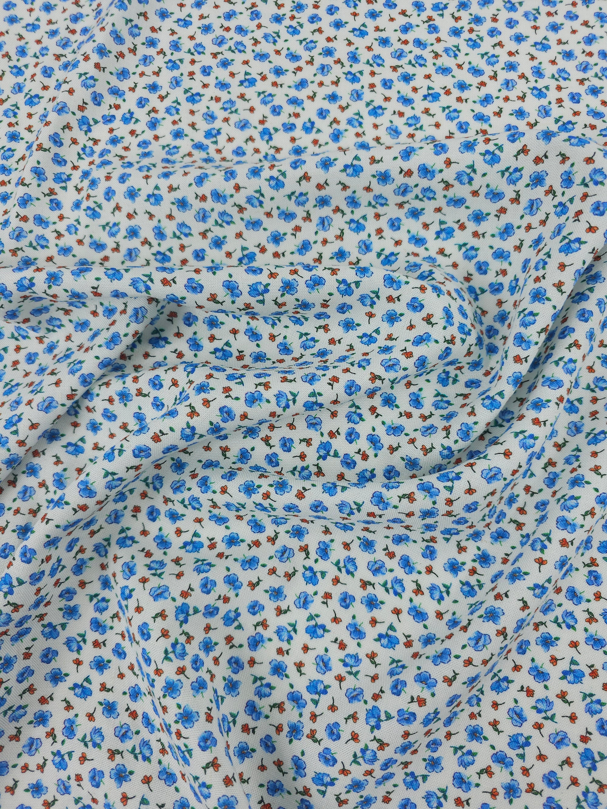 Blue/Red Ditsy Floating Floral Viscose Linen