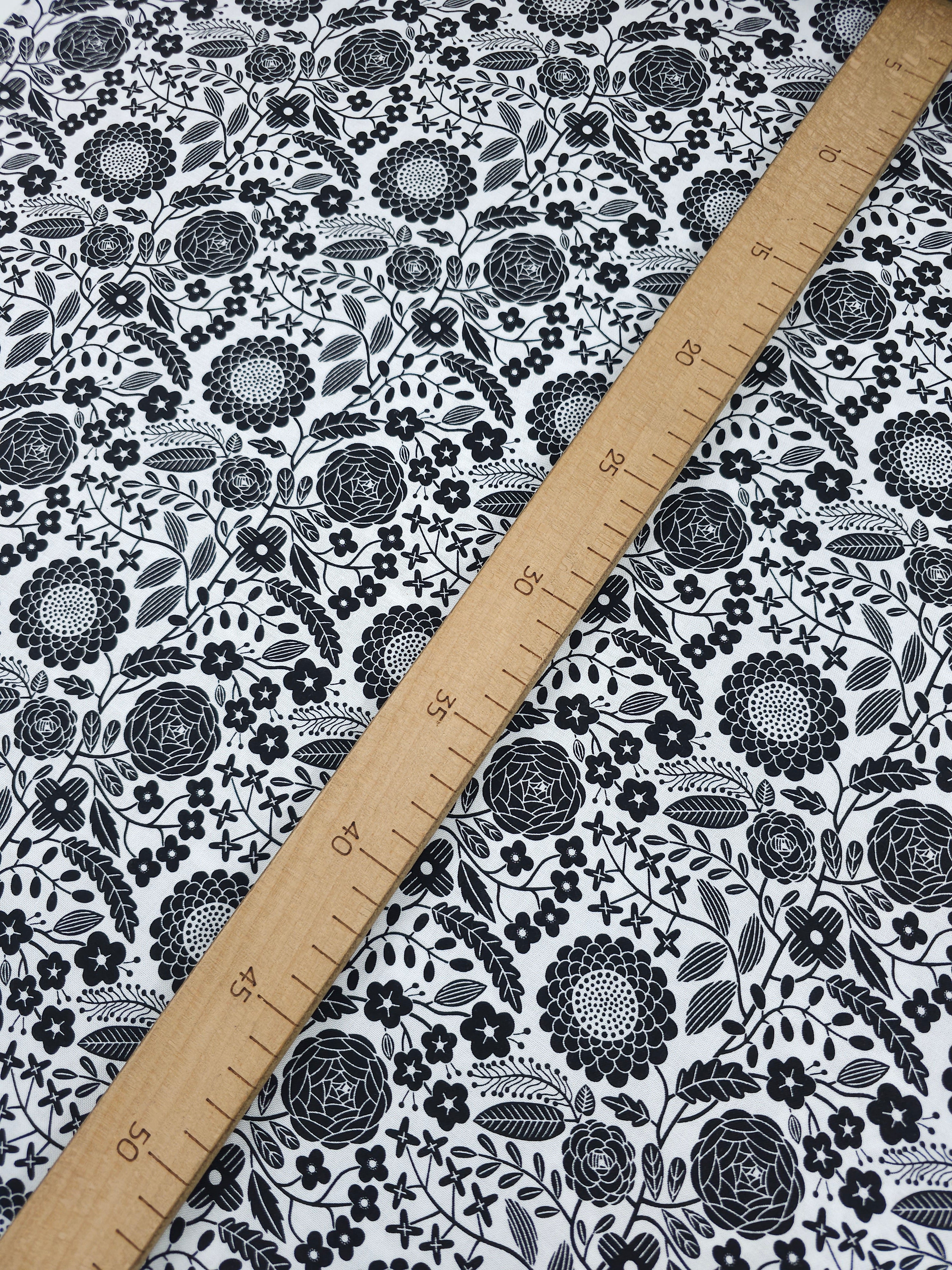 Black/White Floral Bloom 100% Cotton - Benartex *DEFECT*