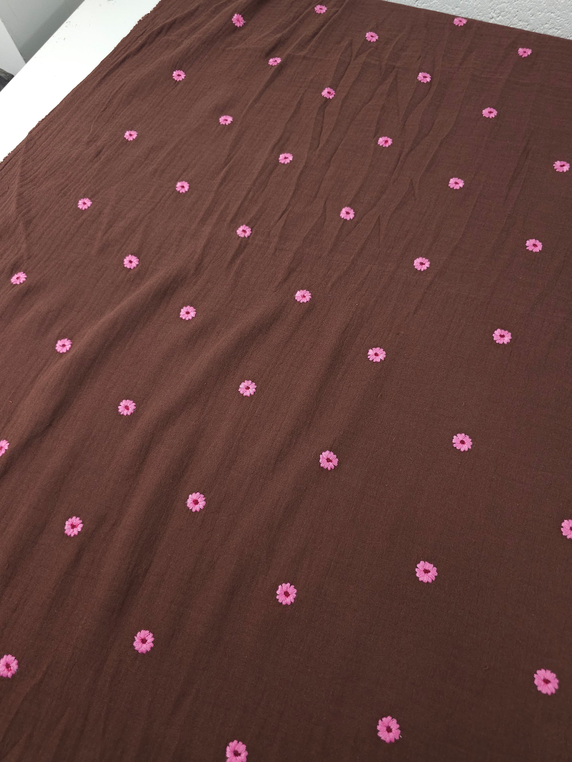 Brown/Fuchsia Daisy Double Gauze Broderie Anglaise