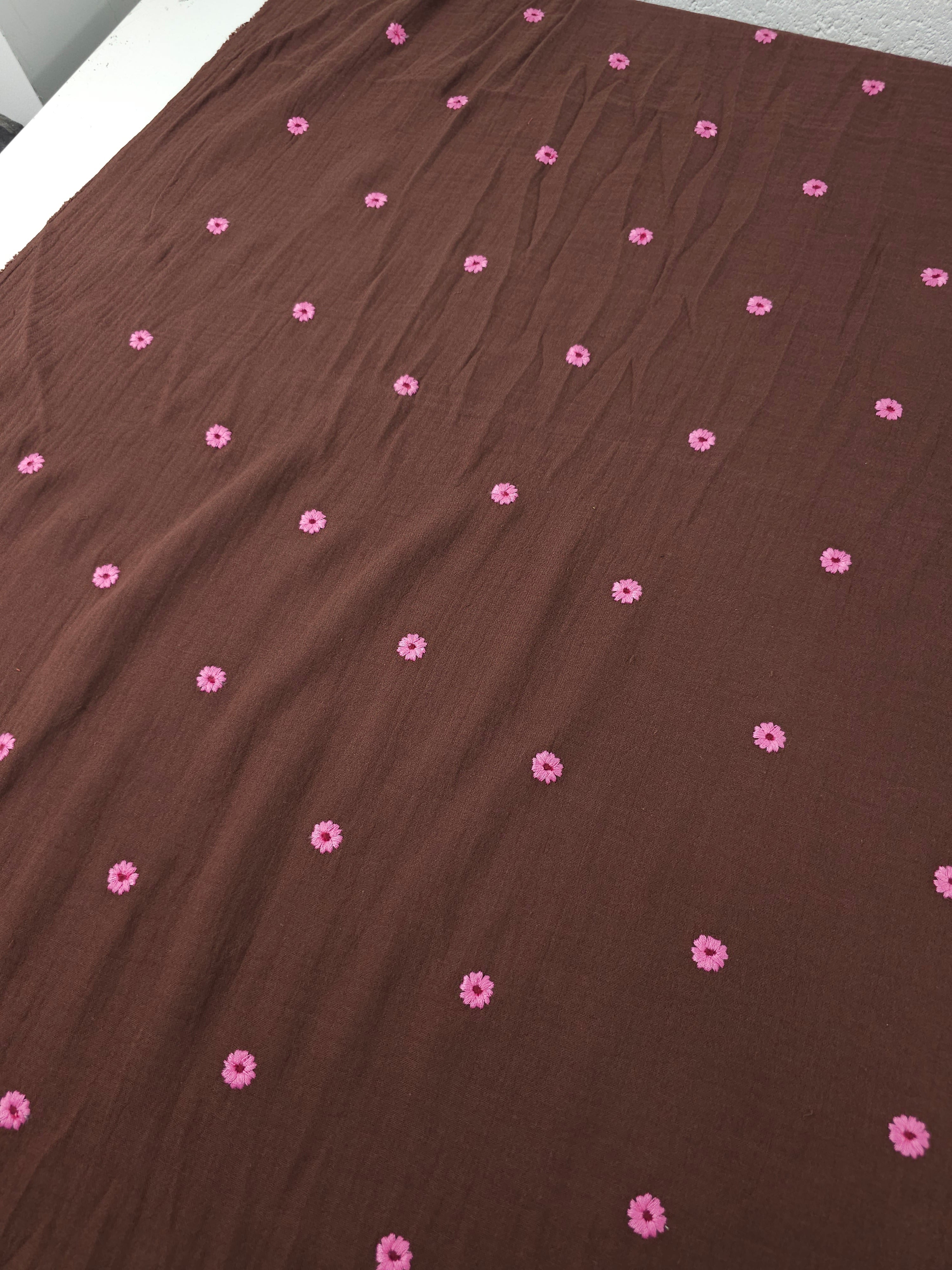 Brown/Fuchsia Daisy Double Gauze Broderie Anglaise