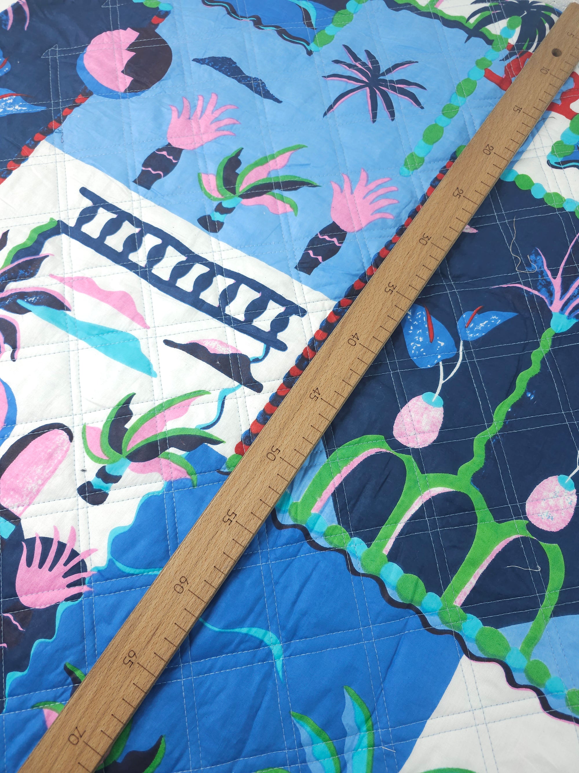 Blue/Pink Palm Tree Scenery Quilted Screen Print - 1.35m Piece