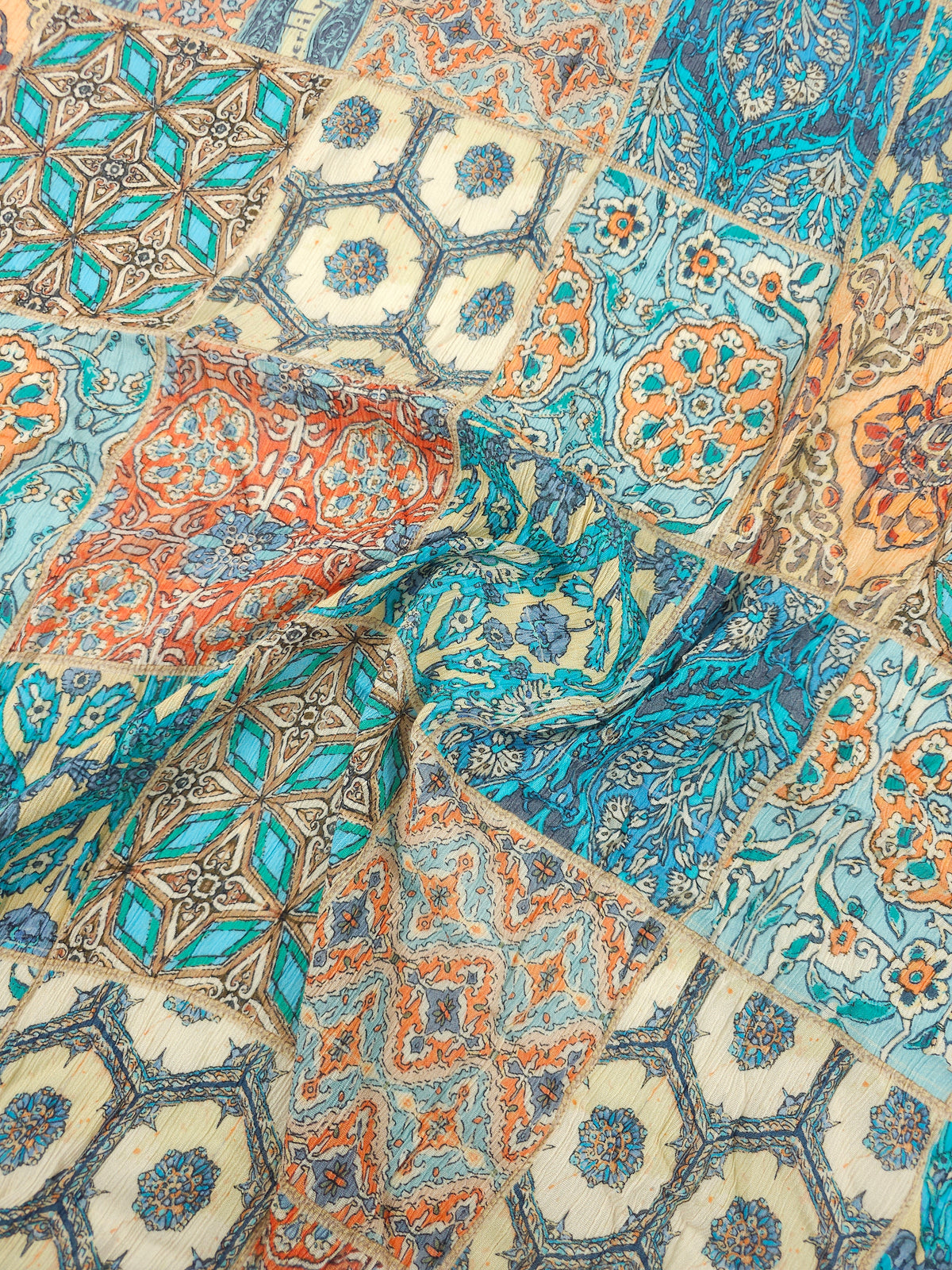Teal/Orange Patchwork Crinkle Viscose
