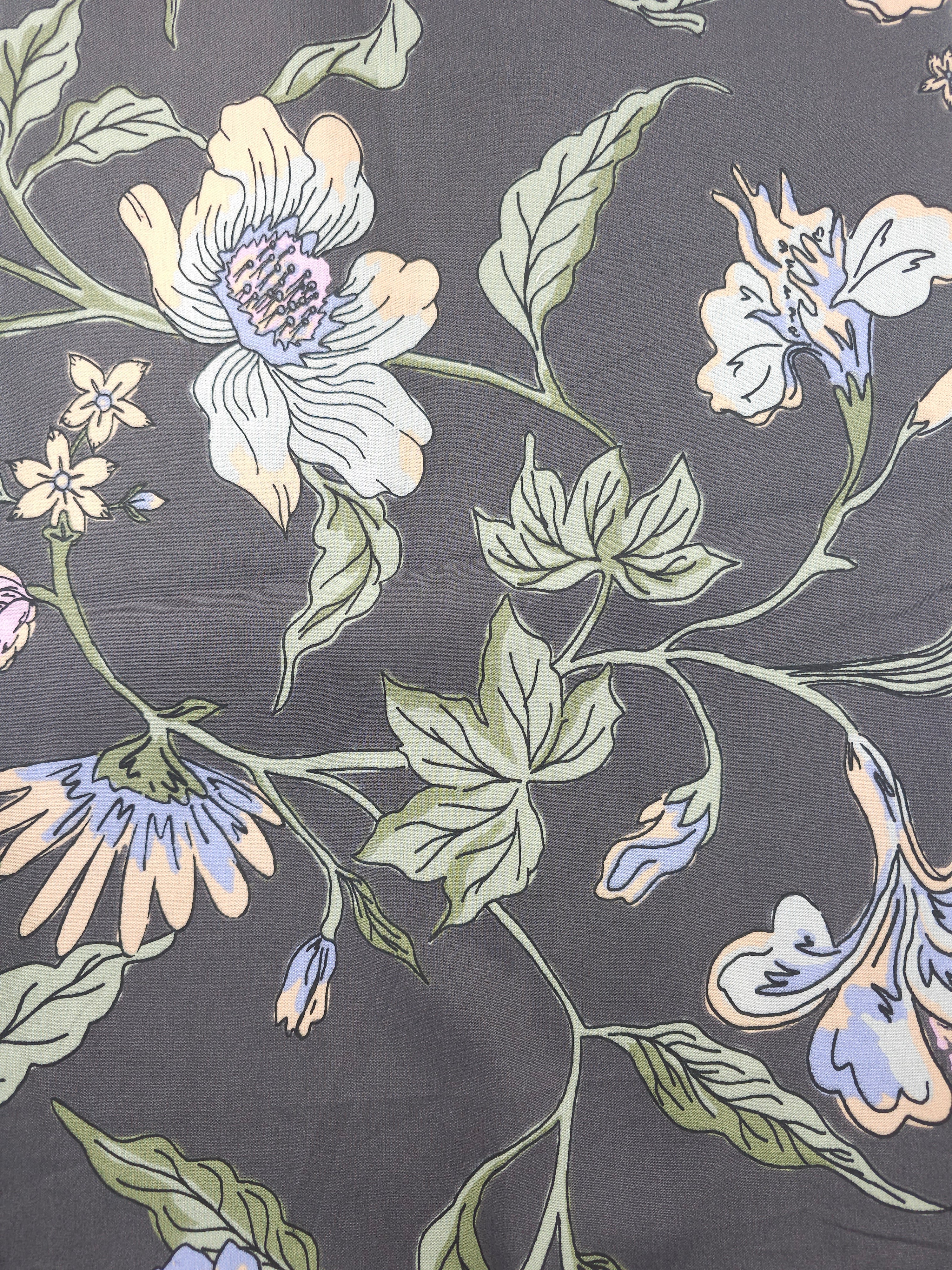 Dark grey sketch floral Cotton- 1m piece