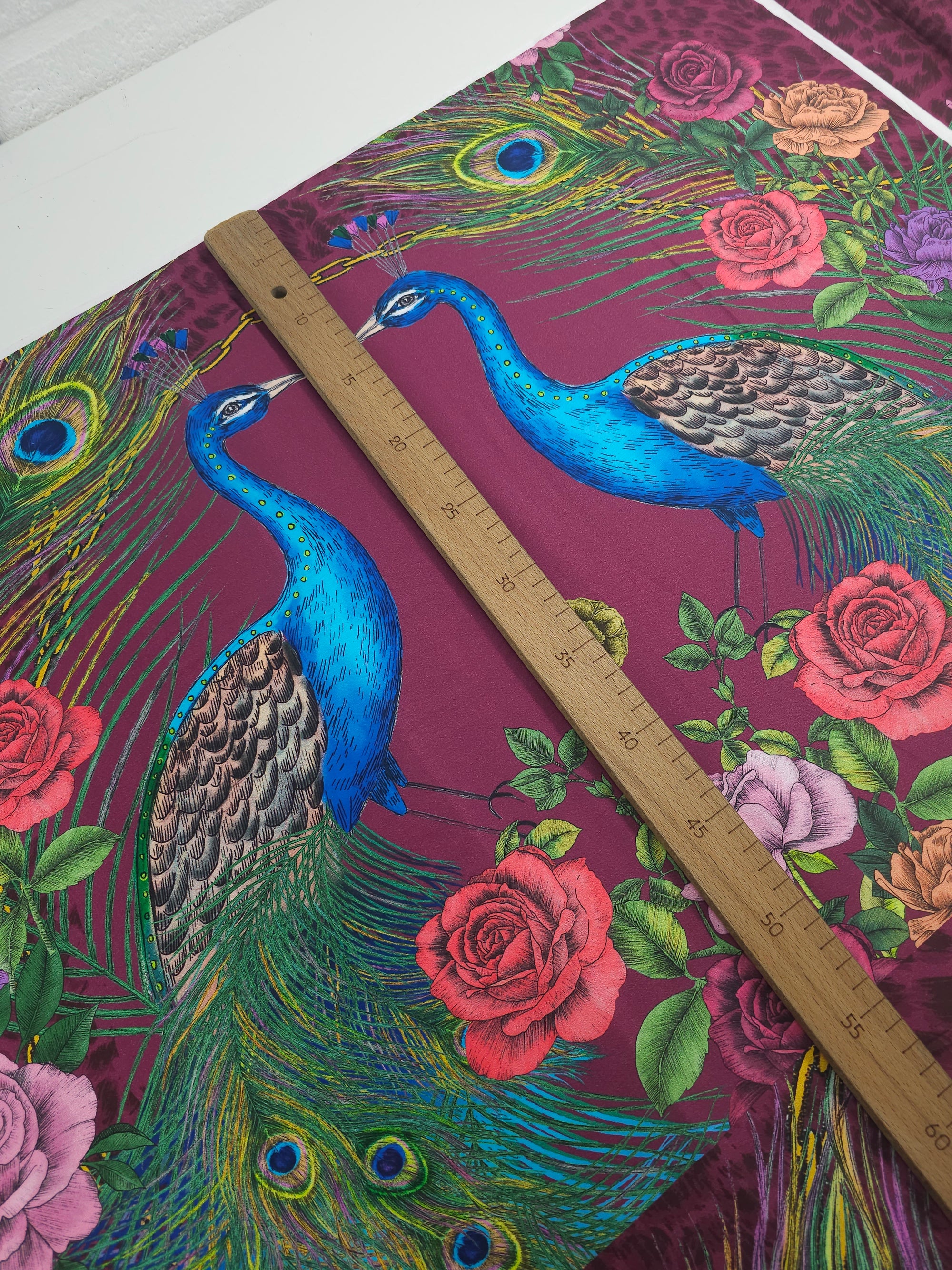 Plum Peacock Pair Cotton Sateen  96" *EXTRA WIDE* - 2.15m Panel