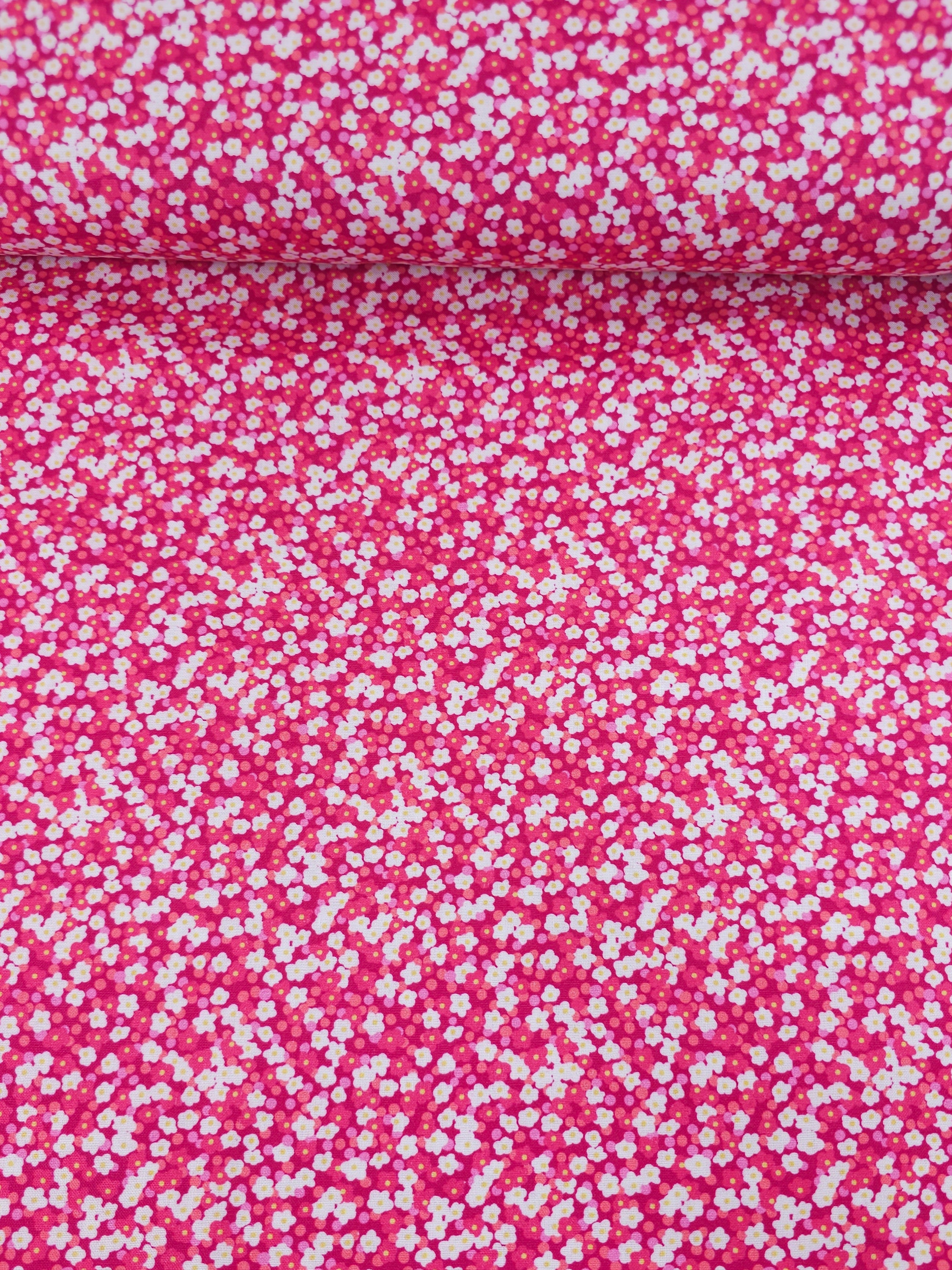 Pink Ditsy Puff Daisy Floral 100% Cotton