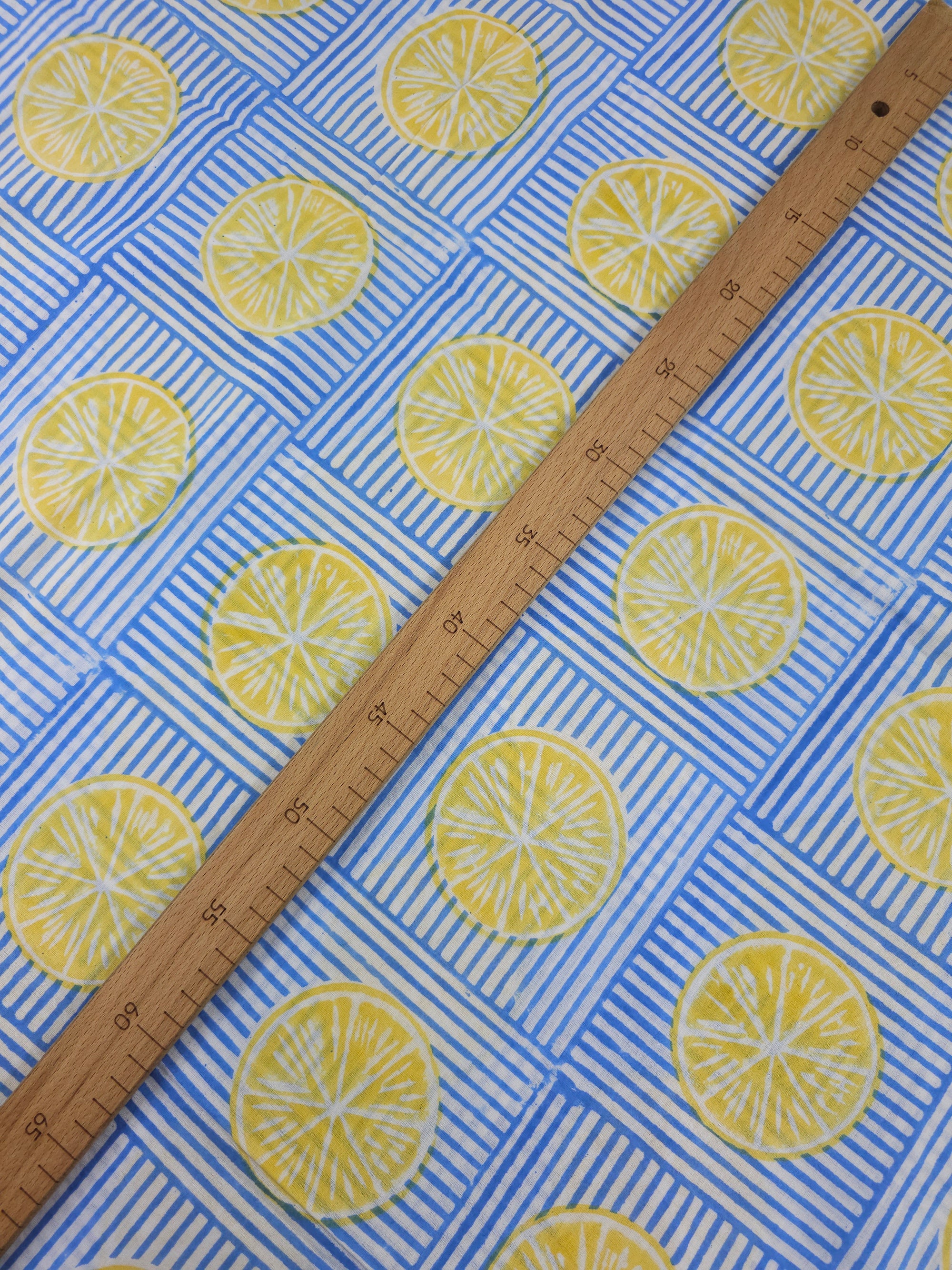 Lemon Stripe Tile Block Print Cotton