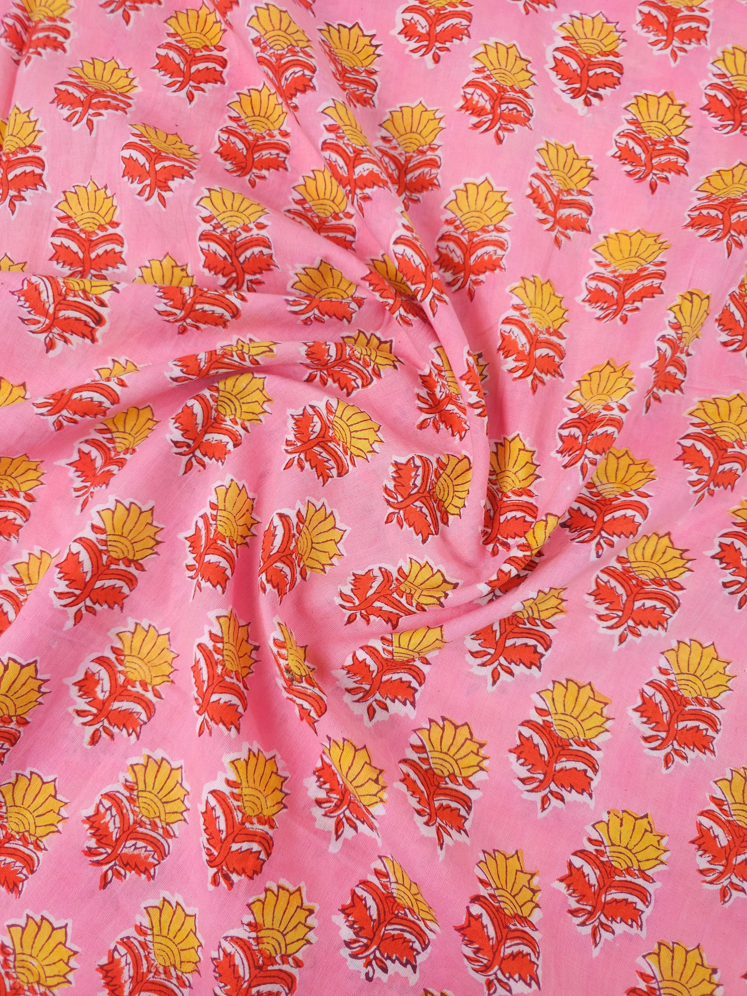 Pink/Orange Floating Flower Block Print Cotton