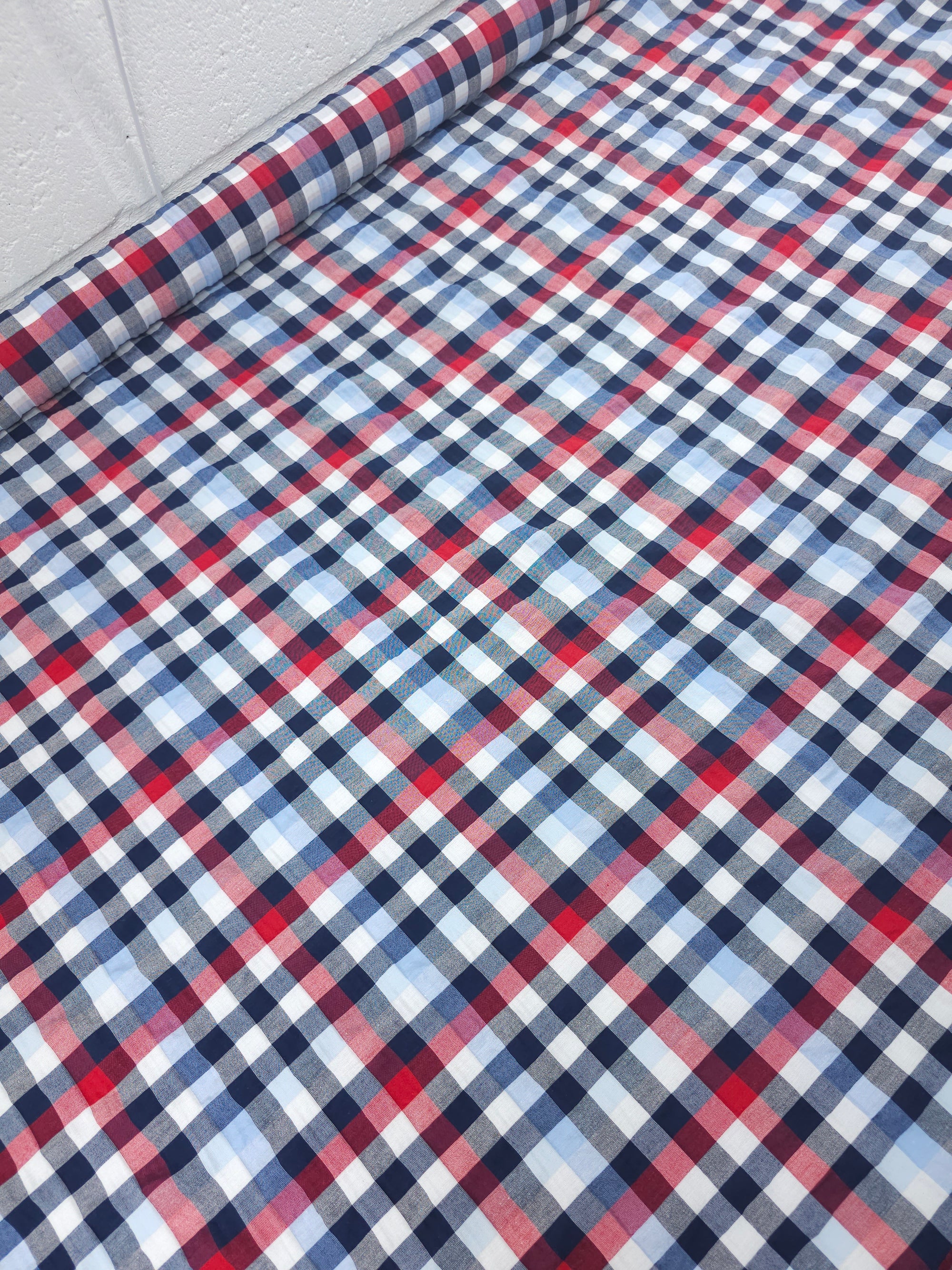 Red/Blue Gingham Crinkle Poly Cotton
