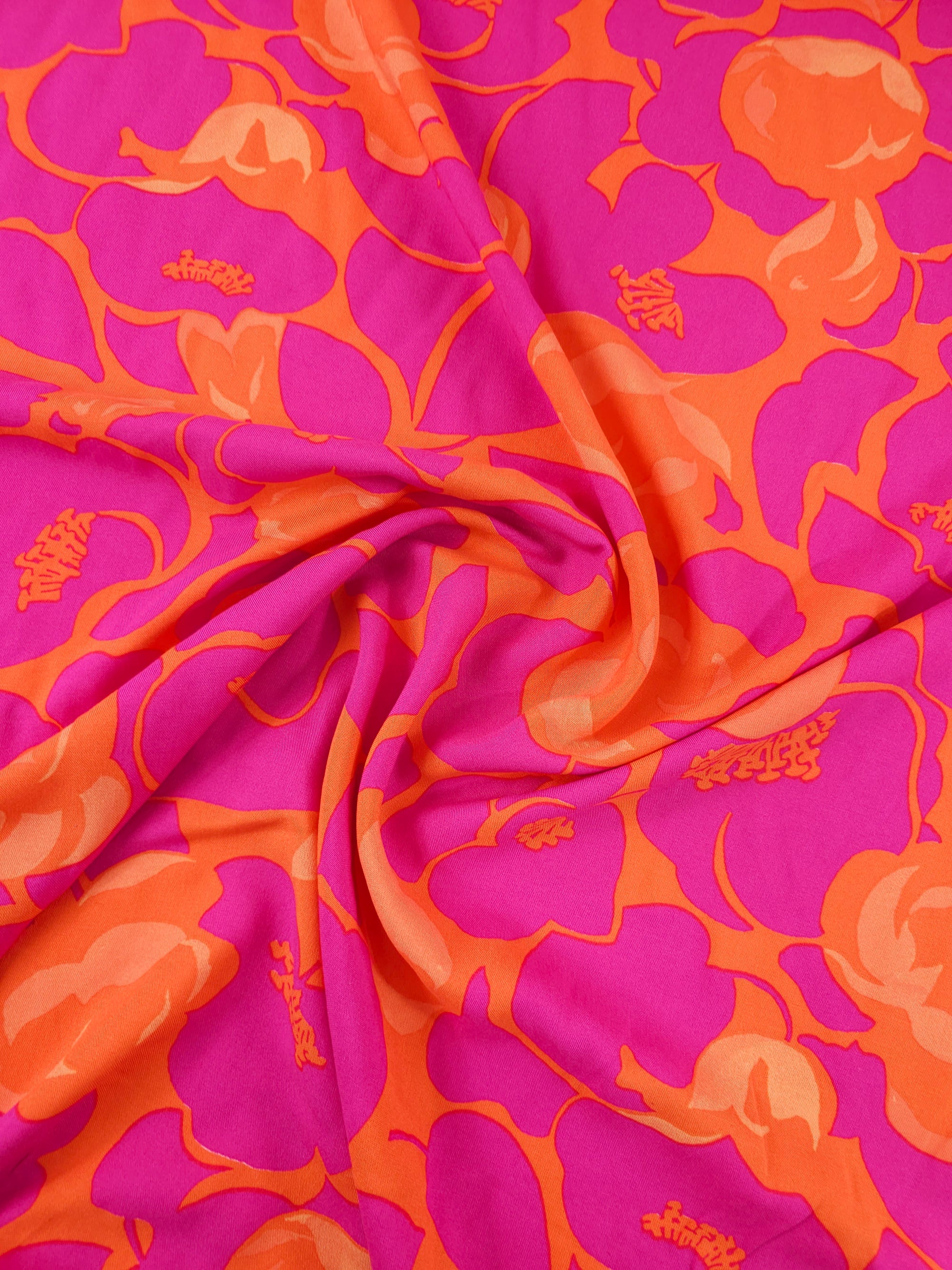 Hot Pink/Orange Petal Floral Viscose Challis