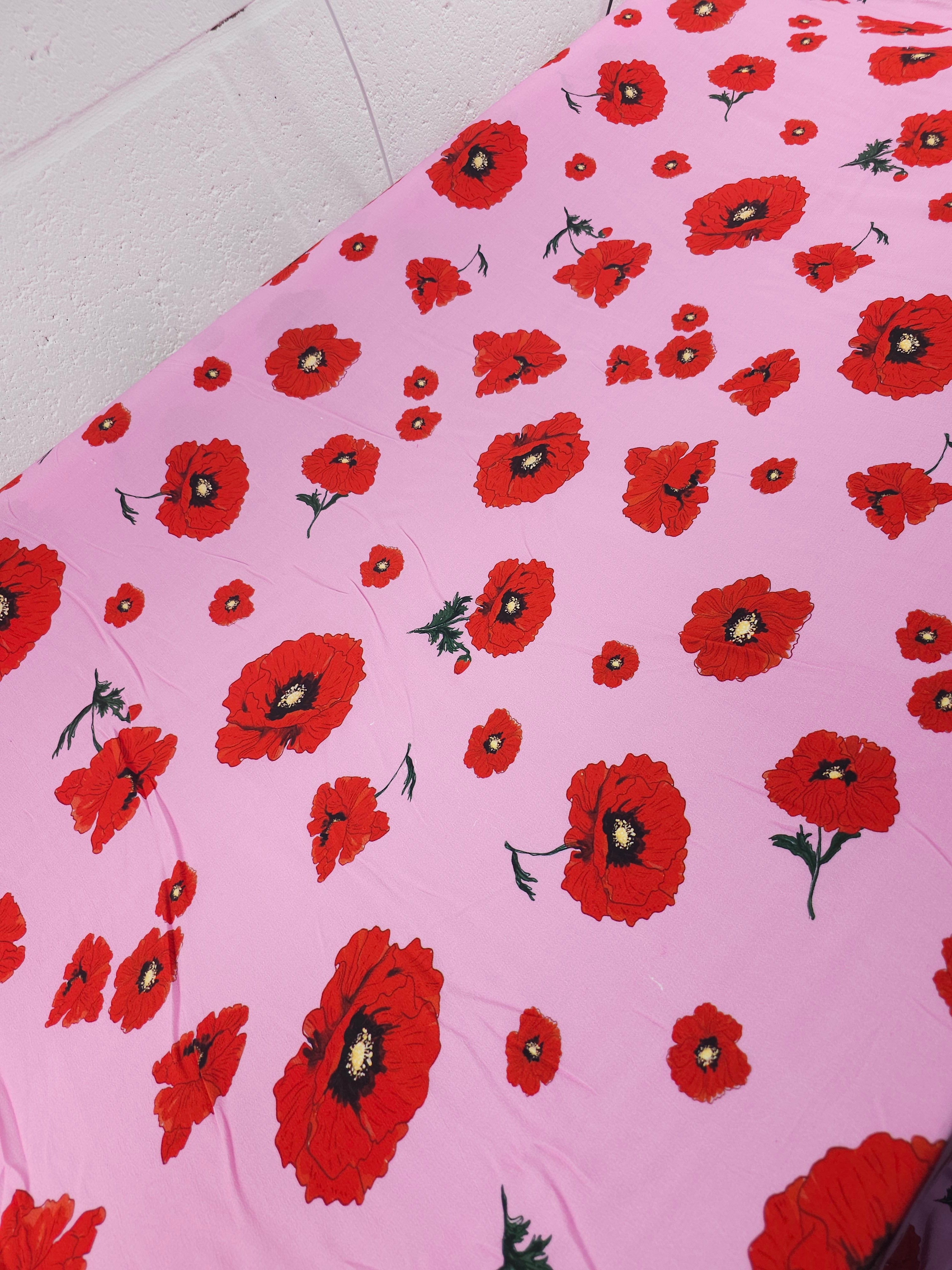 Pink/Red Poppy Floral Viscose Crepe *DEFECT*