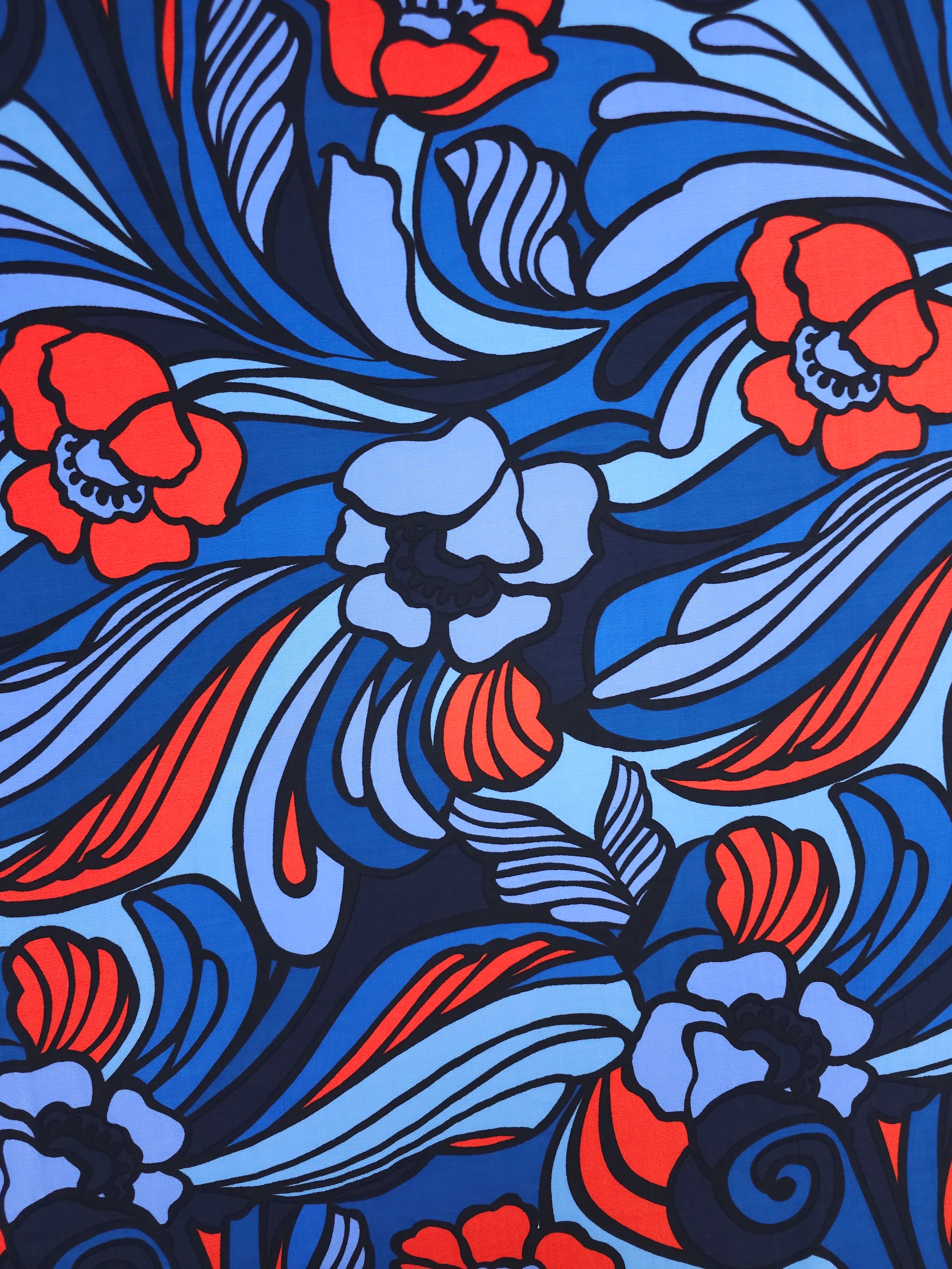 Blue/Red Doodle Floral Swirl Viscose Crepe