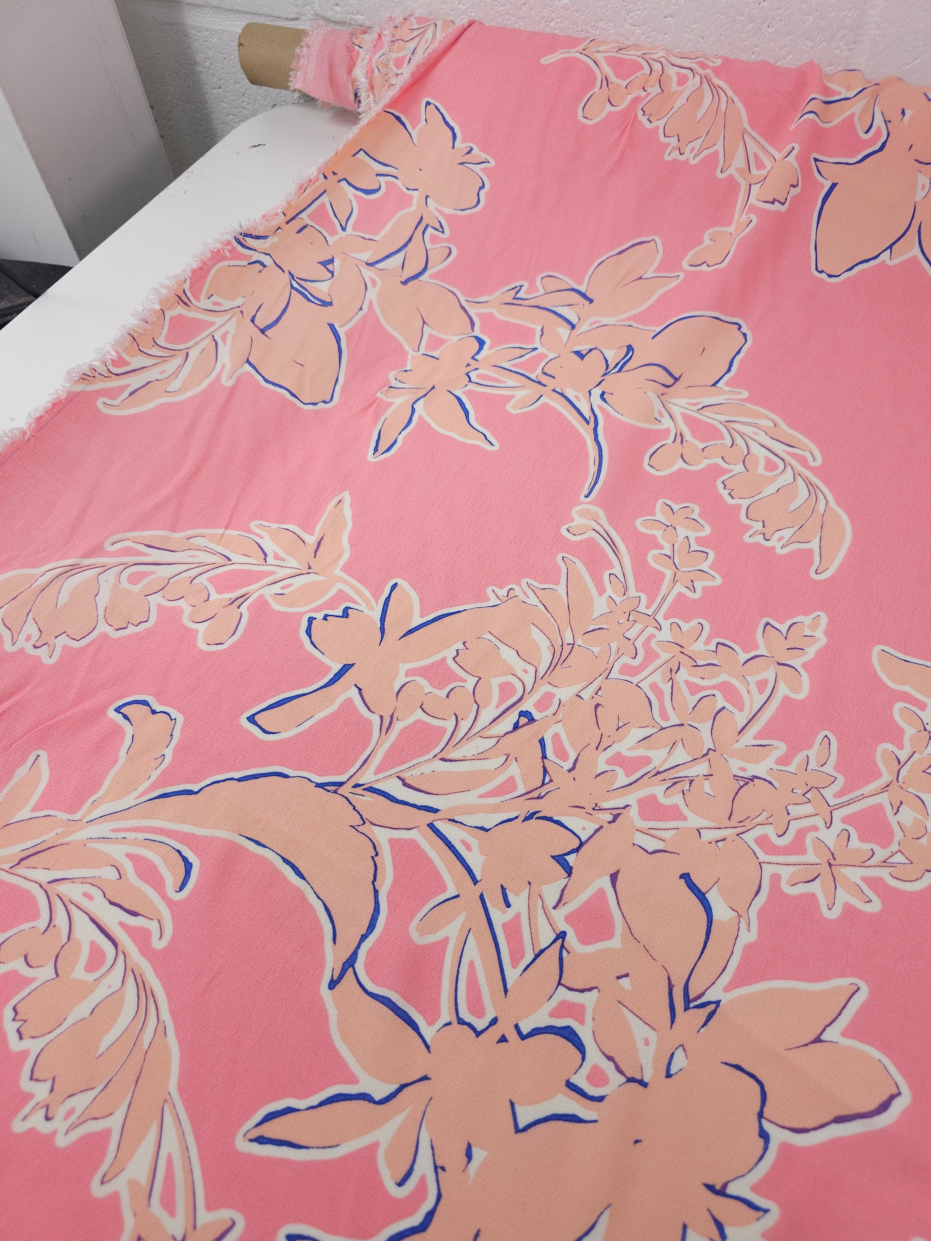 Pink/Peach Floral Outline Viscose Crepe