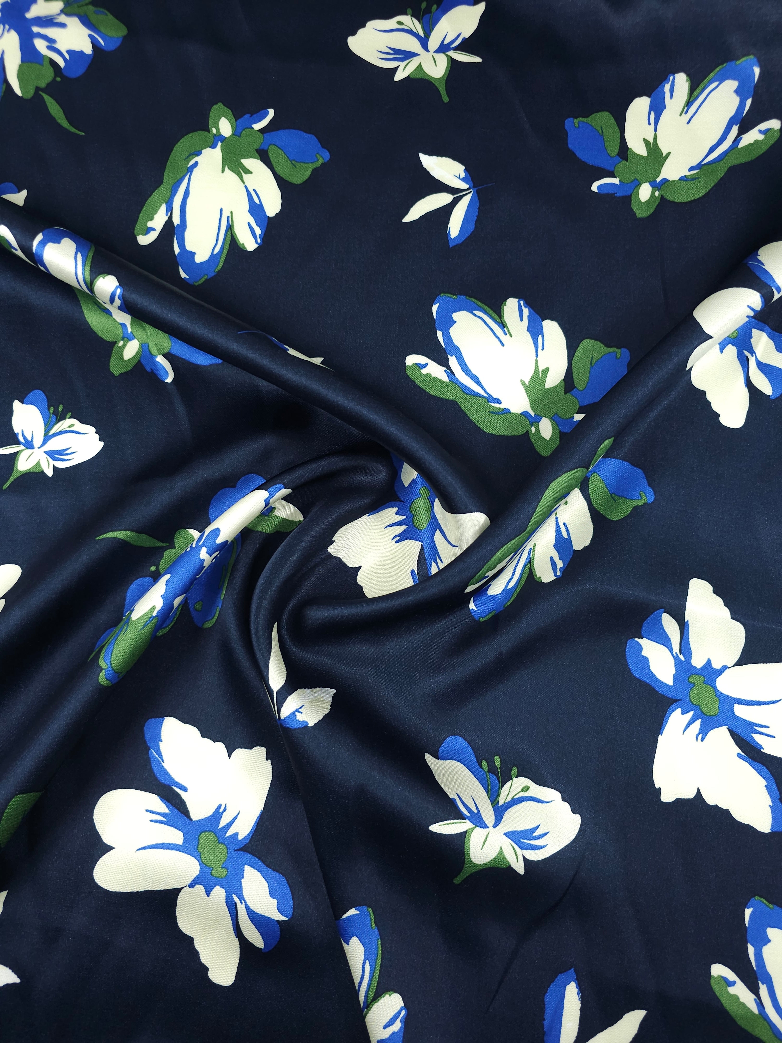 Navy Watercolour Flower Viscose Satin