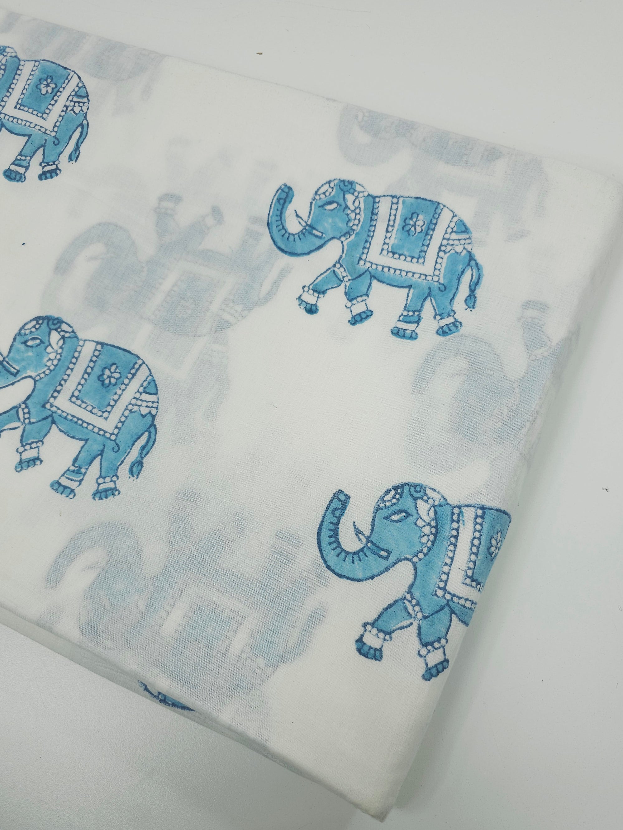 Light Blue/White Elephant Block Print Cotton