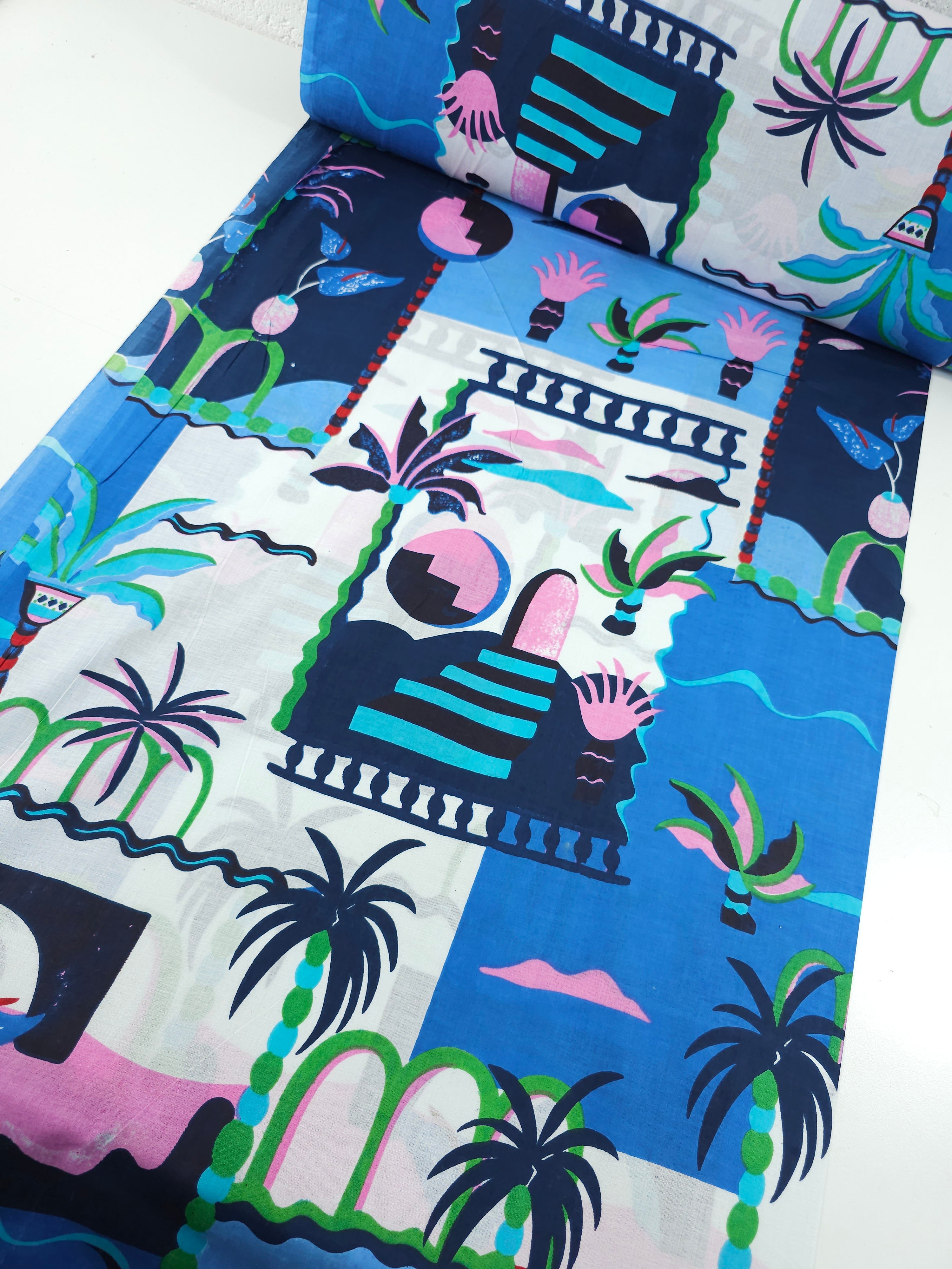 Blue/Pink Palm Tree Scenery Cambric Cotton