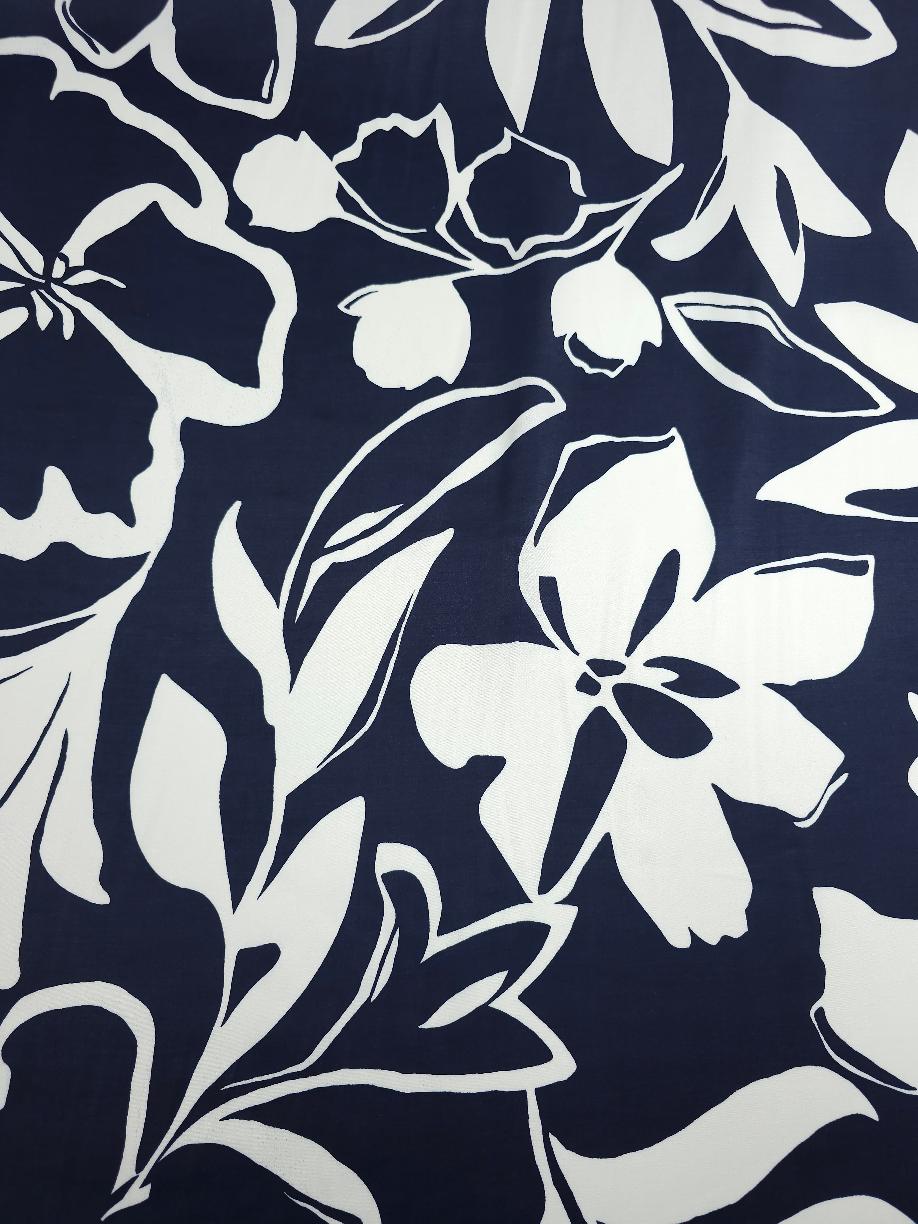 Navy/Off-White Sketch Floral Viscose Satin *DEFECT*