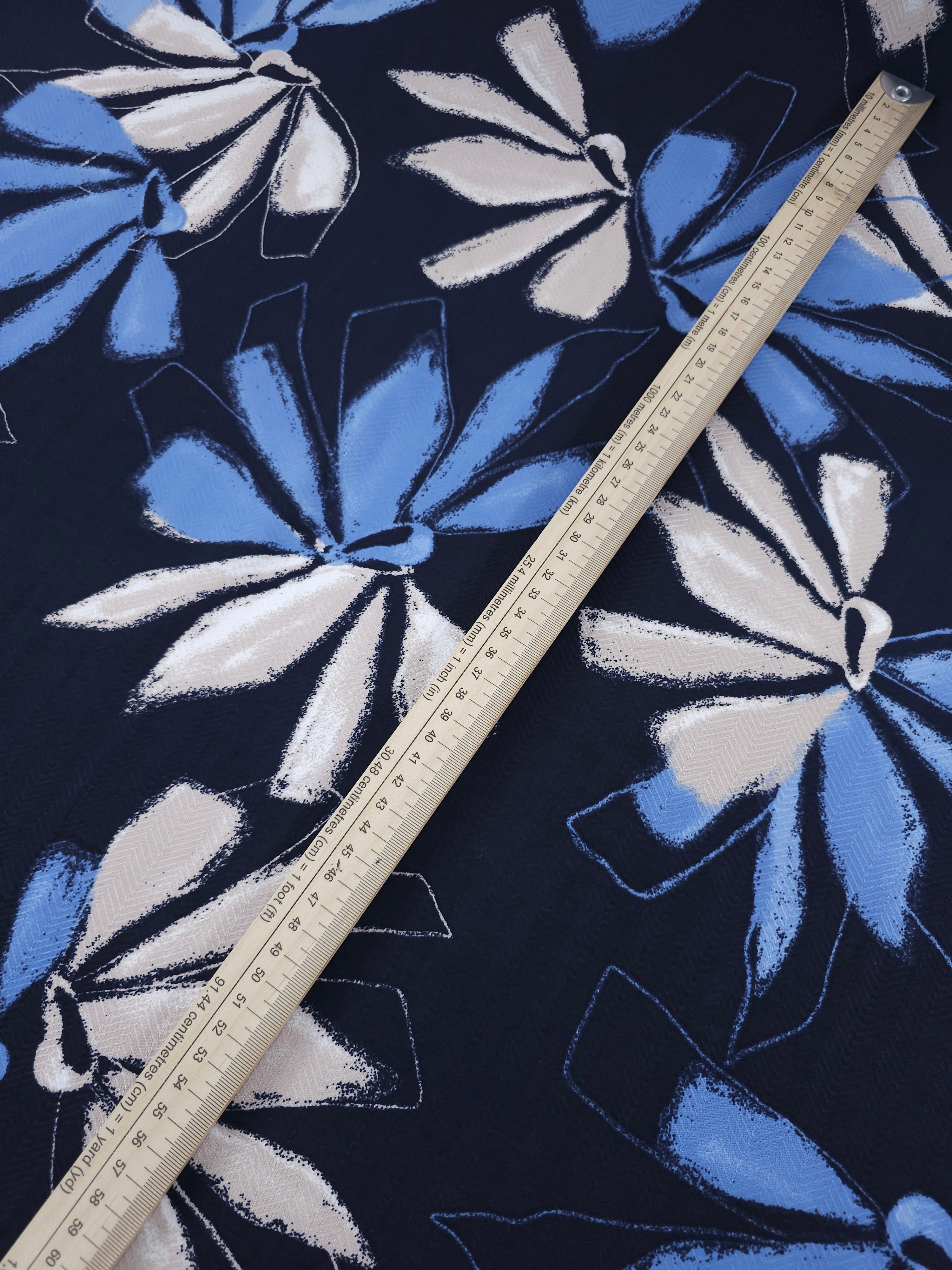 Navy Abstract Floral Herringbone Cupro Viscose
