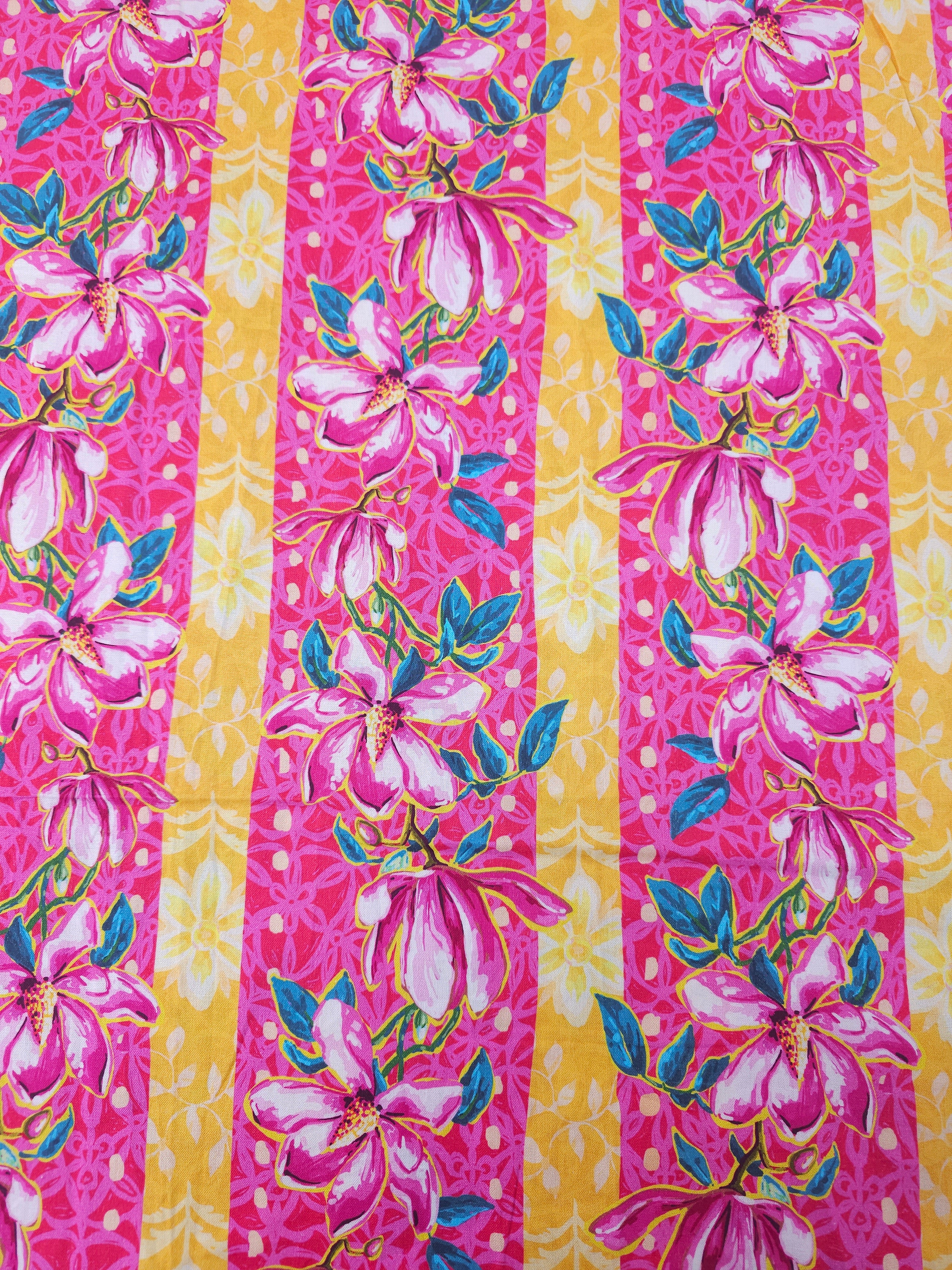 Pink Wild Magnolias Stripe 100% Cotton - Odile Bailloeul