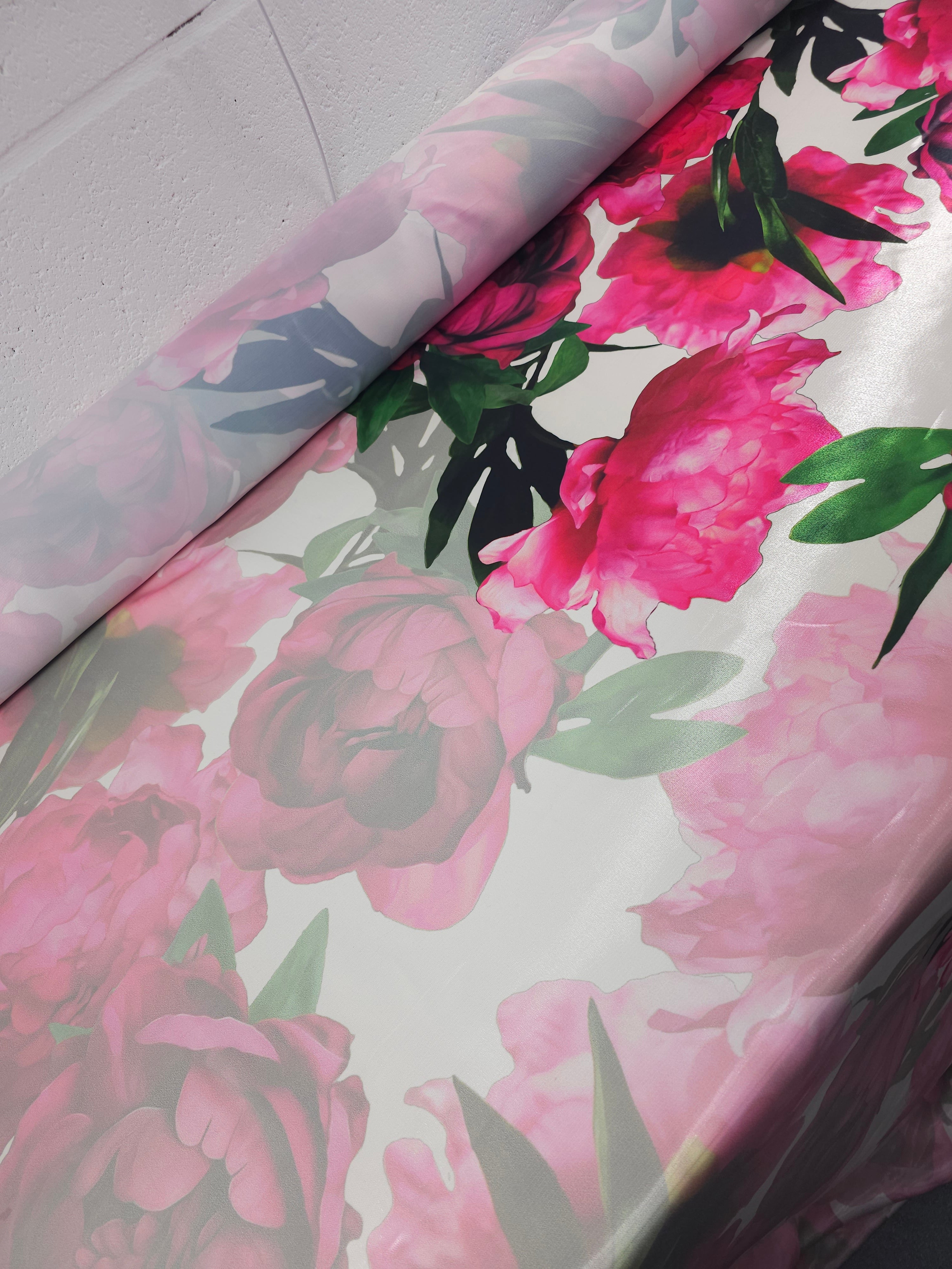 Hot Pink Large Mirror Floral Wet Look Satin (Various Sizes)
