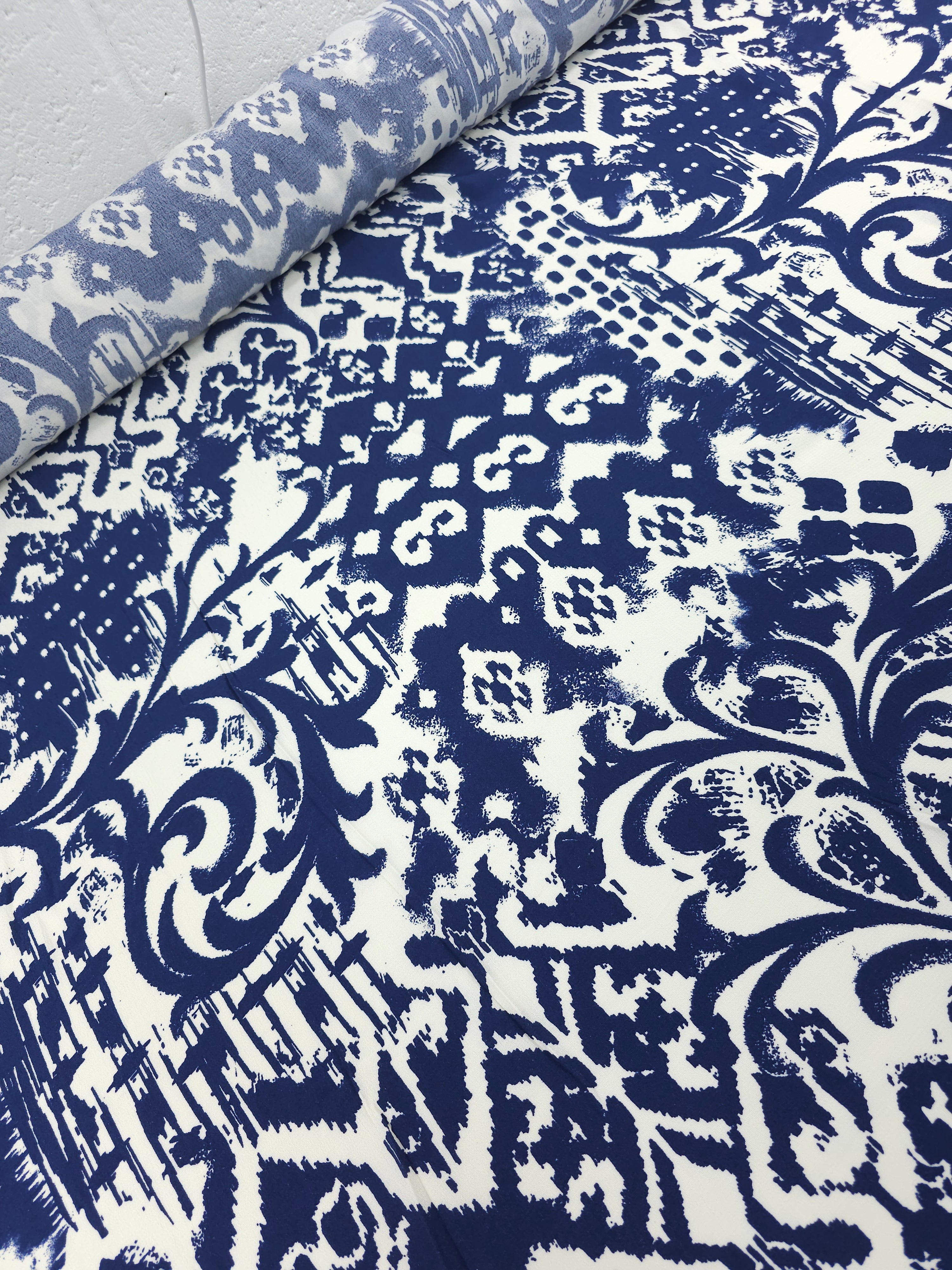 Navy/Off-White Tapestry Damask Viscose Crepe