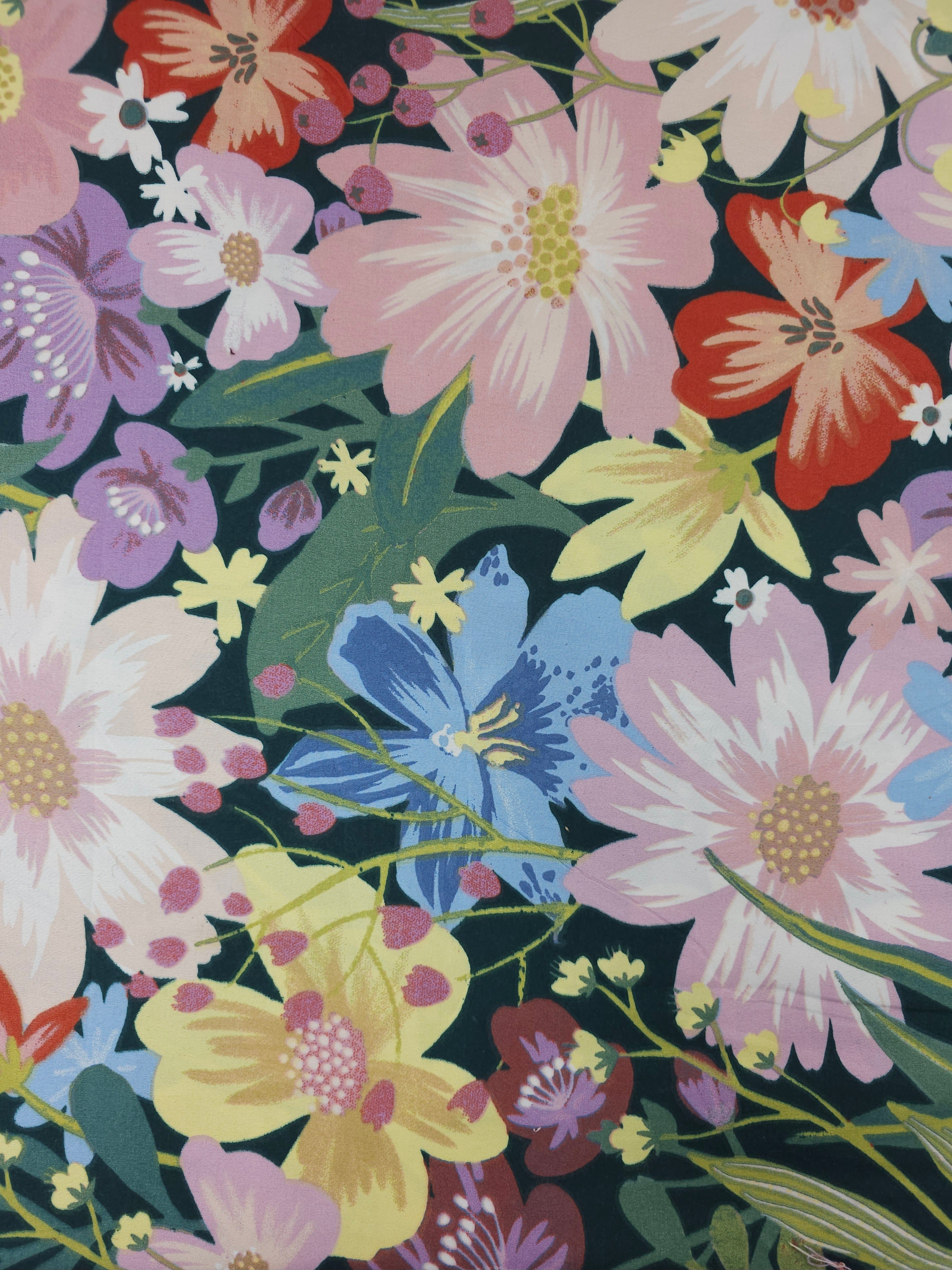 Bottle Green Large Meadow Floral 100% Cotton 98"