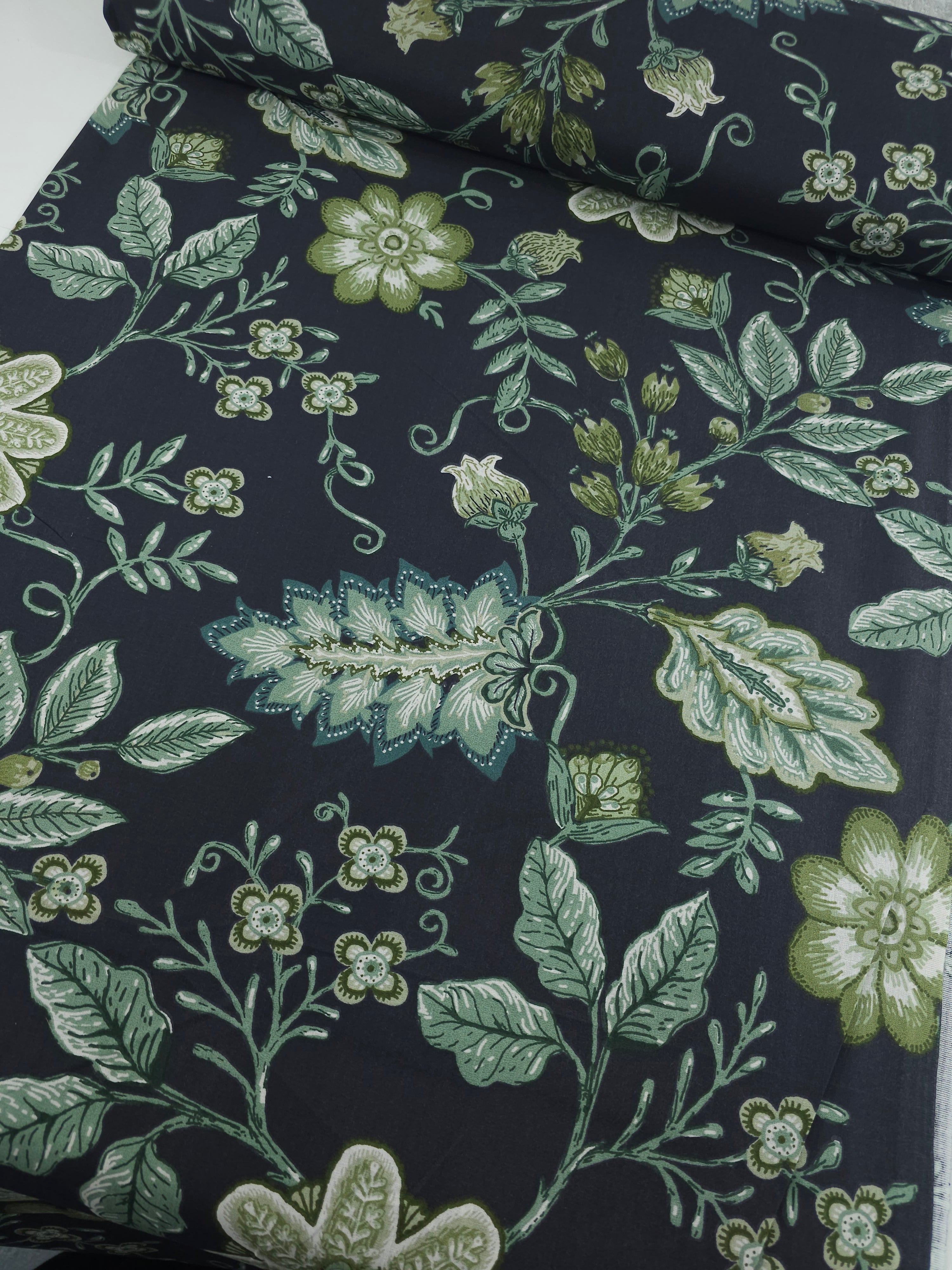 Sage/Black Floral Leaf 100% Cotton 90"