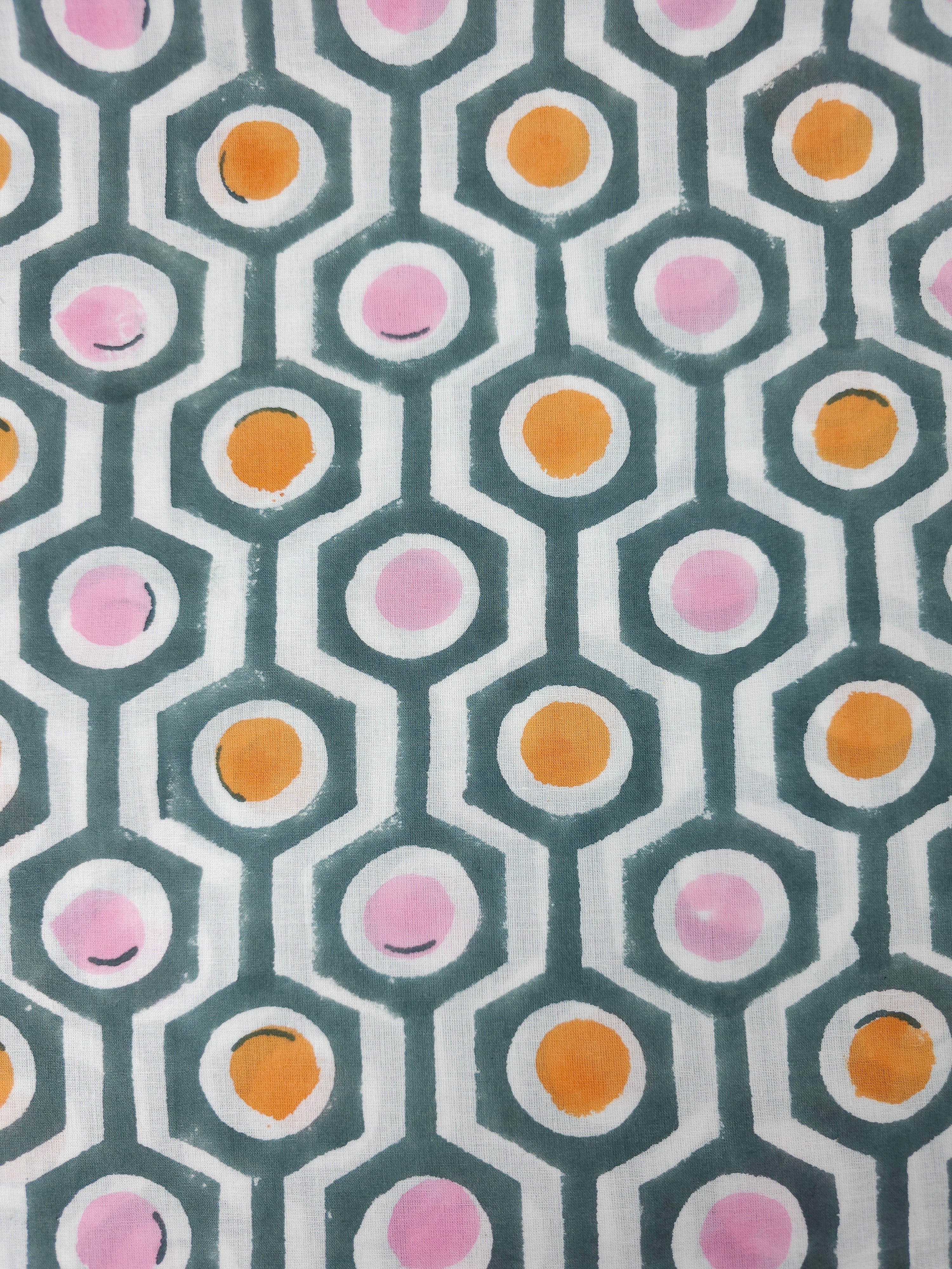 Duck Egg Abstract Hexagon Block Print Cotton